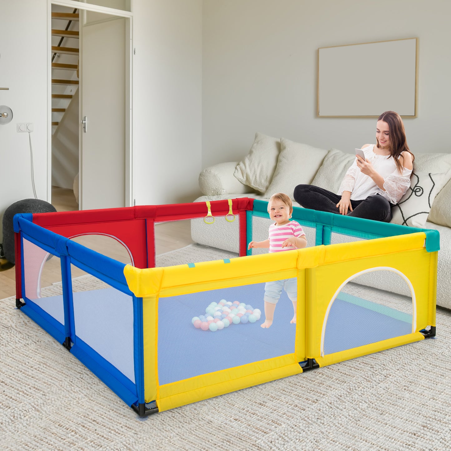 Baby Playpen with 50 Piece Ocean Balls and Non-slip Suction Cups-Dark Grey