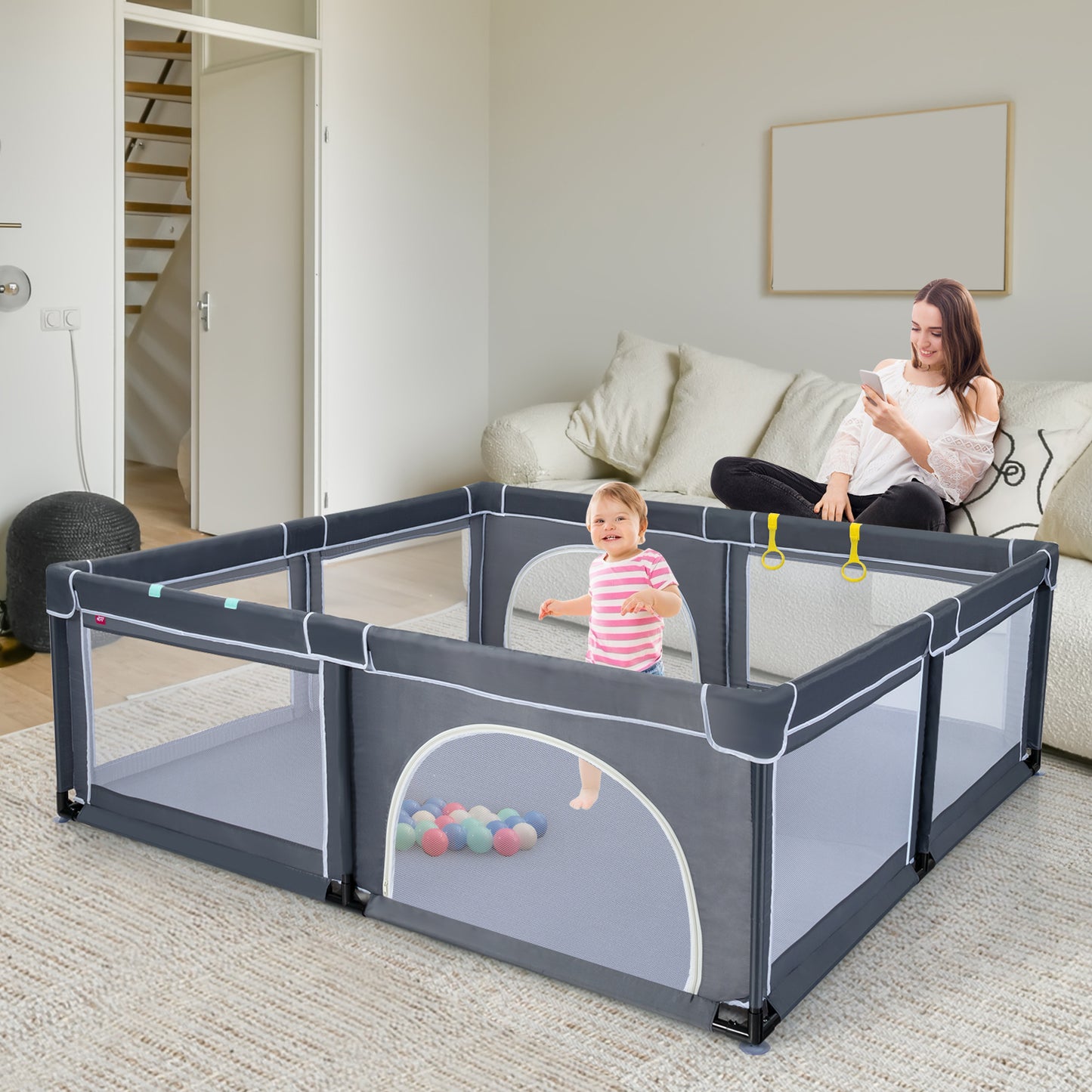 Baby Playpen with 50 Piece Ocean Balls and Non-slip Suction Cups-Dark Grey