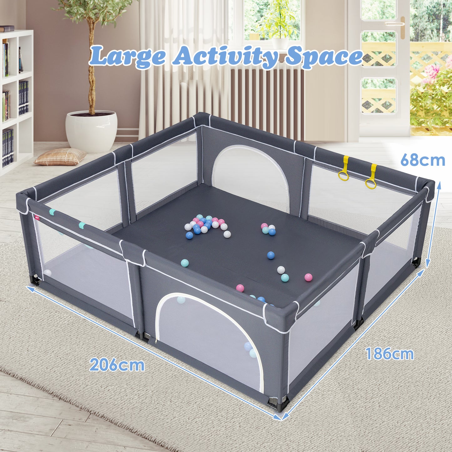 Baby Playpen with 50 Piece Ocean Balls and Non-slip Suction Cups-Dark Grey
