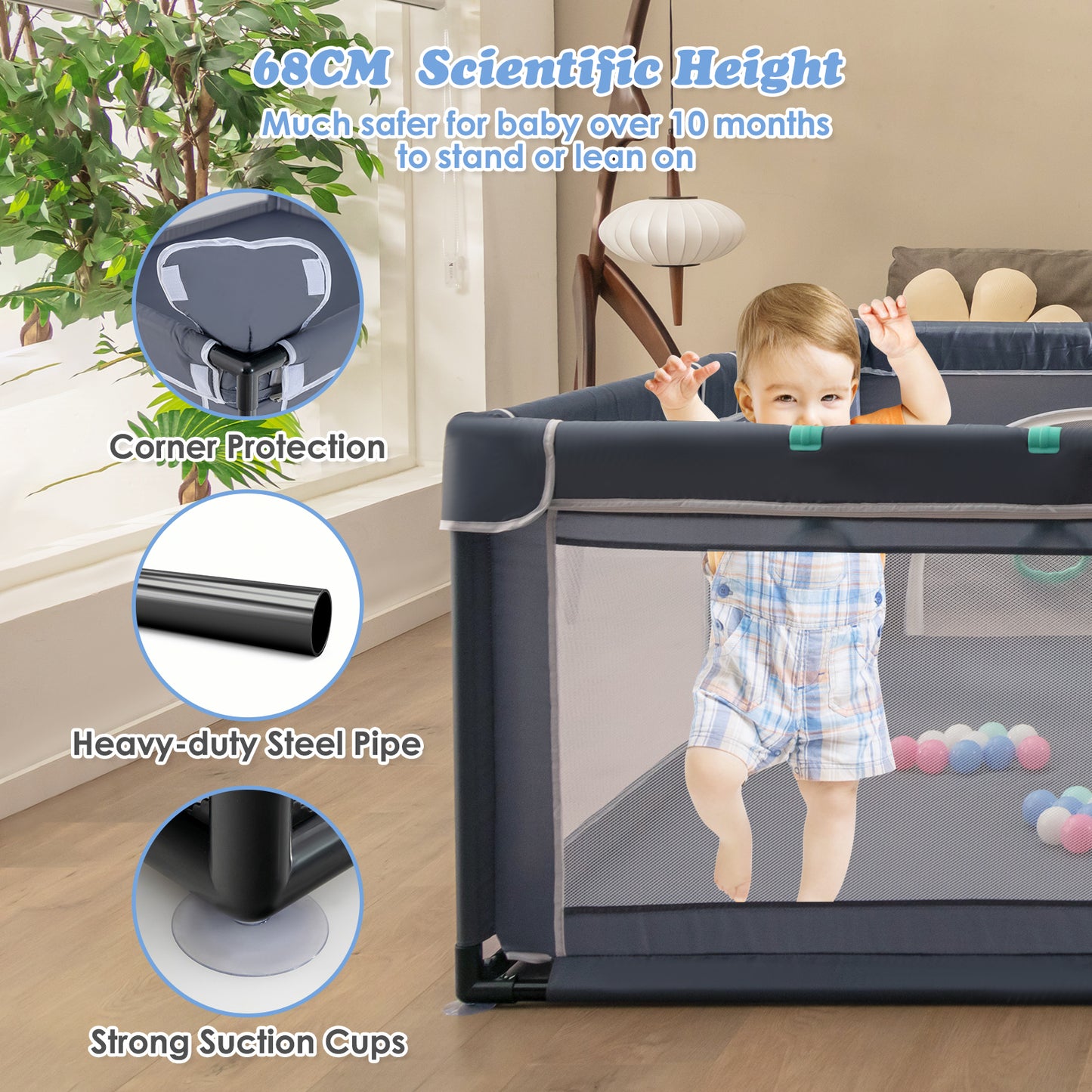 Baby Playpen with 50 Piece Ocean Balls and Non-slip Suction Cups-Dark Grey