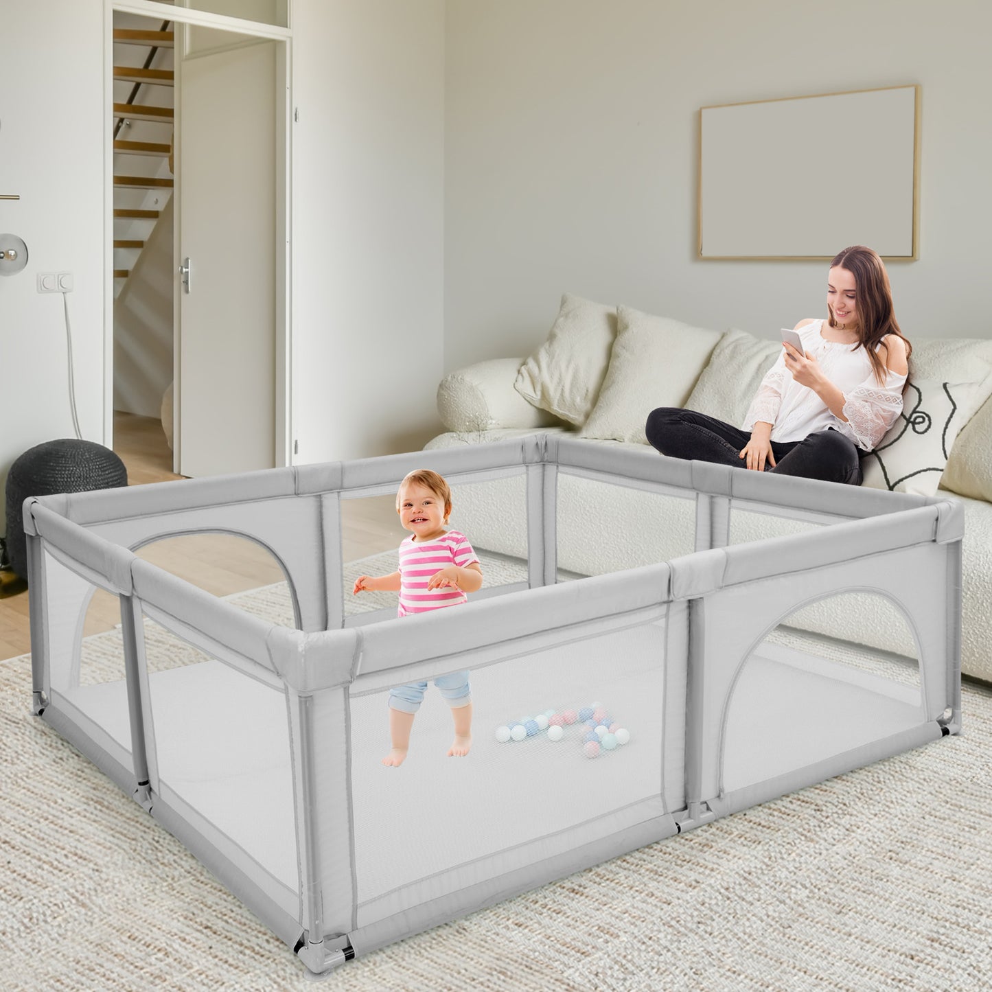 Baby Playpen with 50 Piece Ocean Balls and Non-slip Suction Cups-Dark Grey