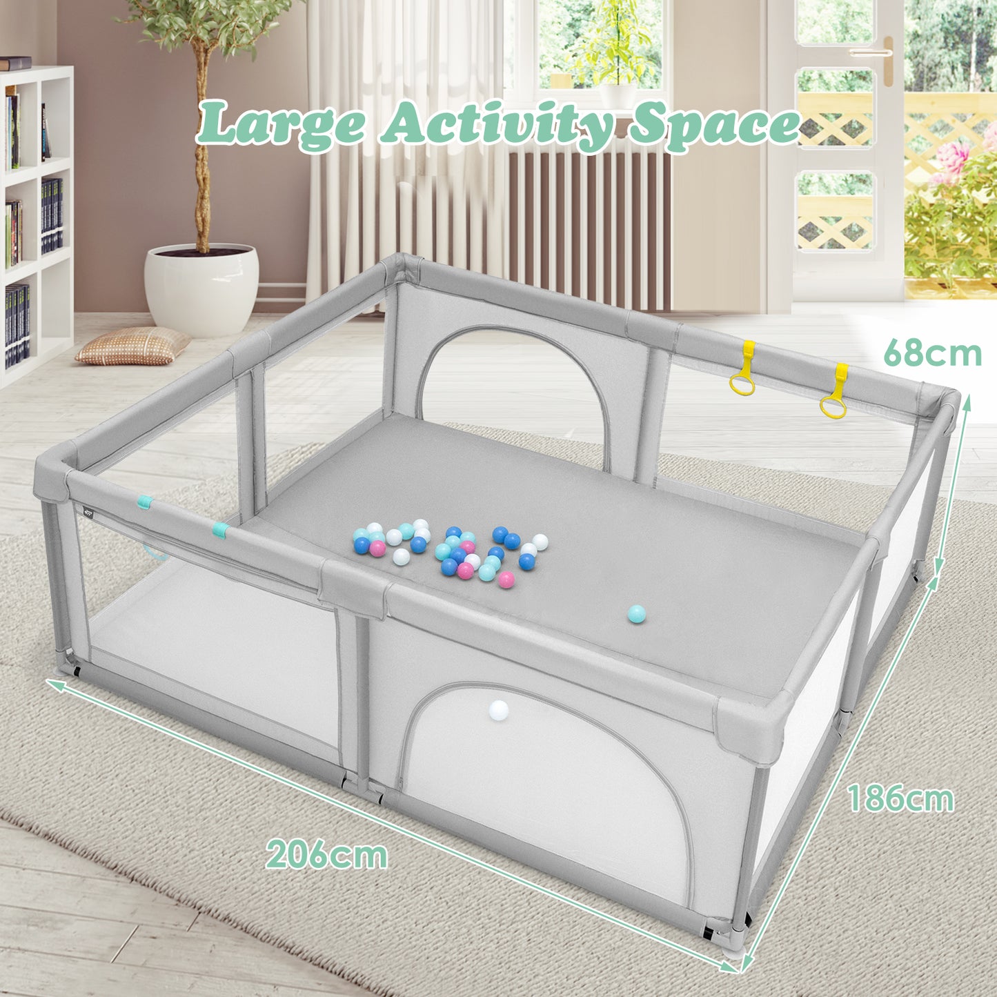 Baby Playpen with 50 Piece Ocean Balls and Non-slip Suction Cups-Dark Grey