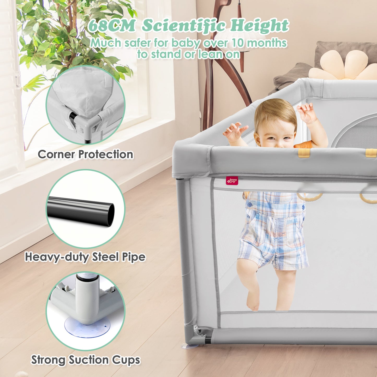 Baby Playpen with 50 Piece Ocean Balls and Non-slip Suction Cups-Dark Grey