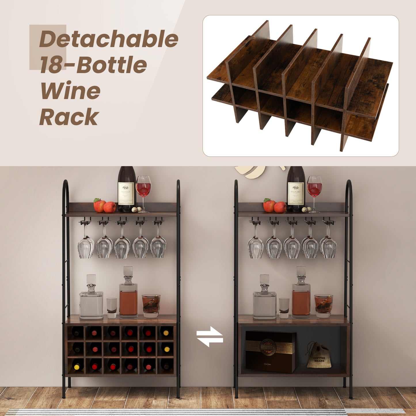 Baker’s Rack with Detachable Wine Rack and 5 Rows of Stemware Holder-Rustic Brown