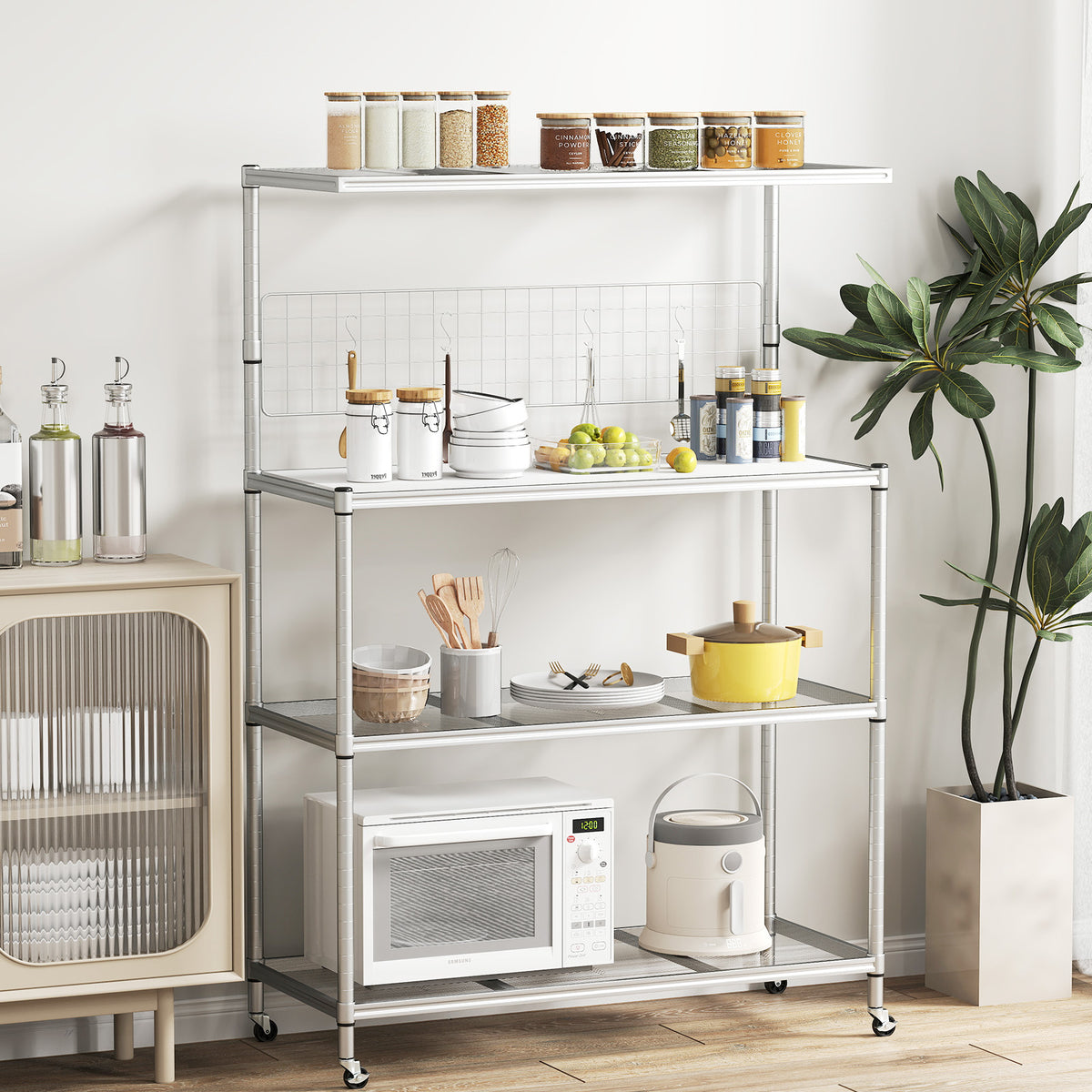 Bakers Rack on Wheels with Adjustable Shelves and Shelf Liner-Silver