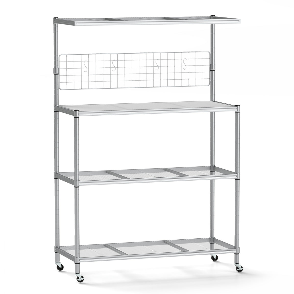 Bakers Rack on Wheels with Adjustable Shelves and Shelf Liner-Silver