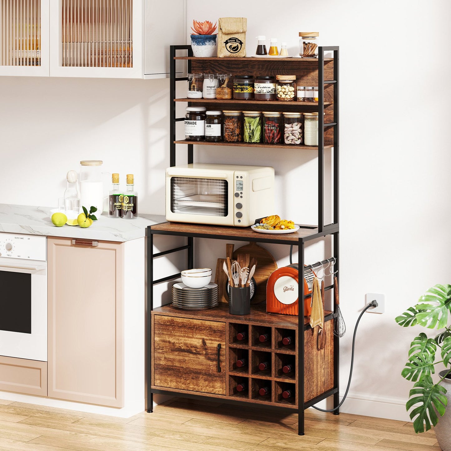 Bakers Rack with Power Outlet and Heavy-Duty Metal Frame-Black