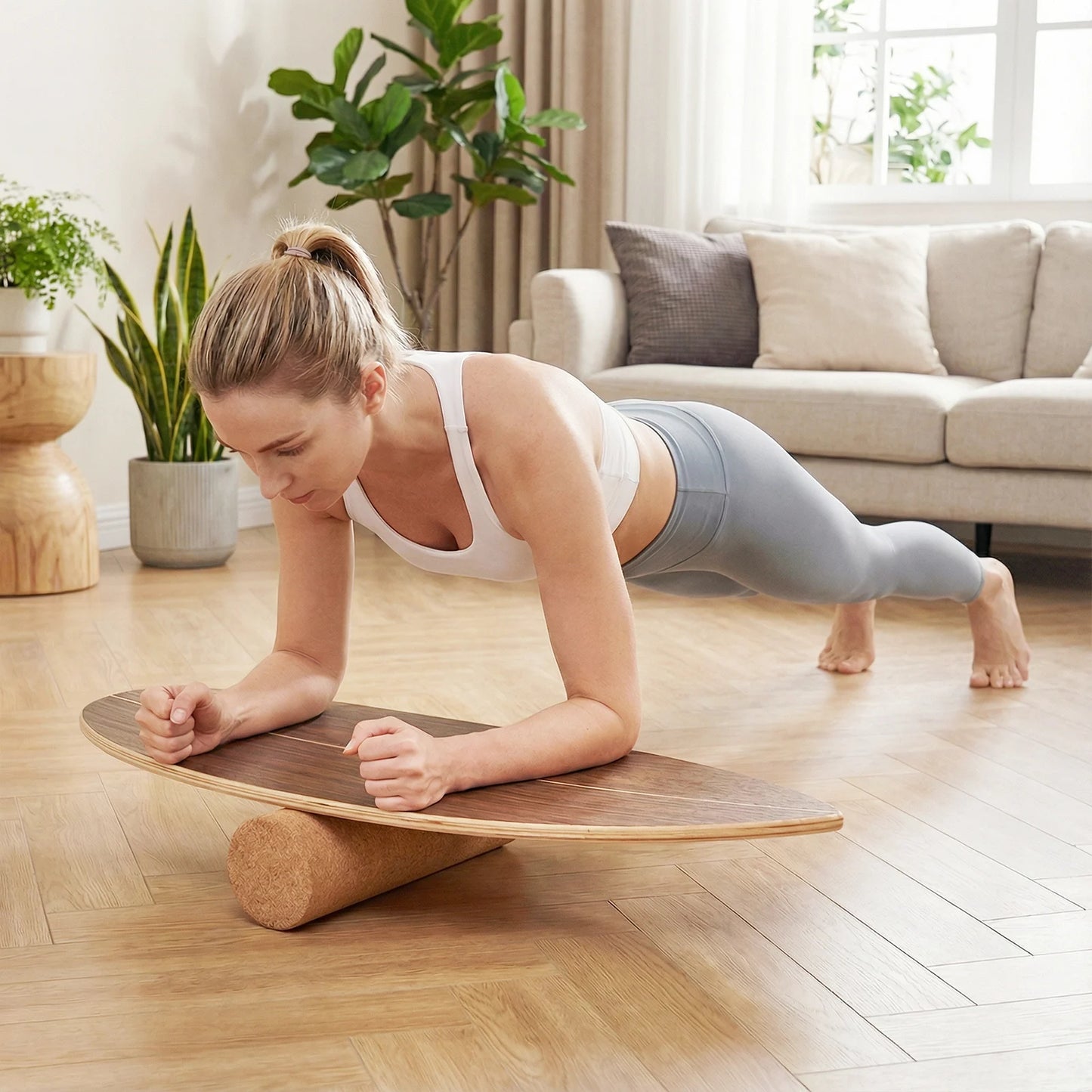 Balance Board Trainer for Adults Wooden Balancing Board with Cork Roller and Storage Rack to Exercise-Blue