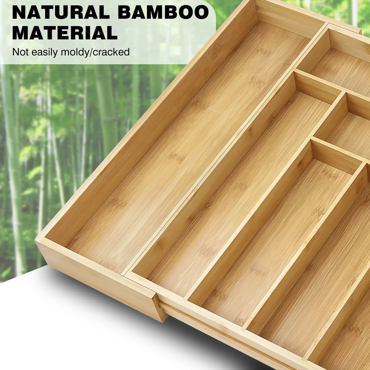 Wooden Bamboo Cutlery Tray Drawer - Large Expandable 6–8 Compartments Adjustable