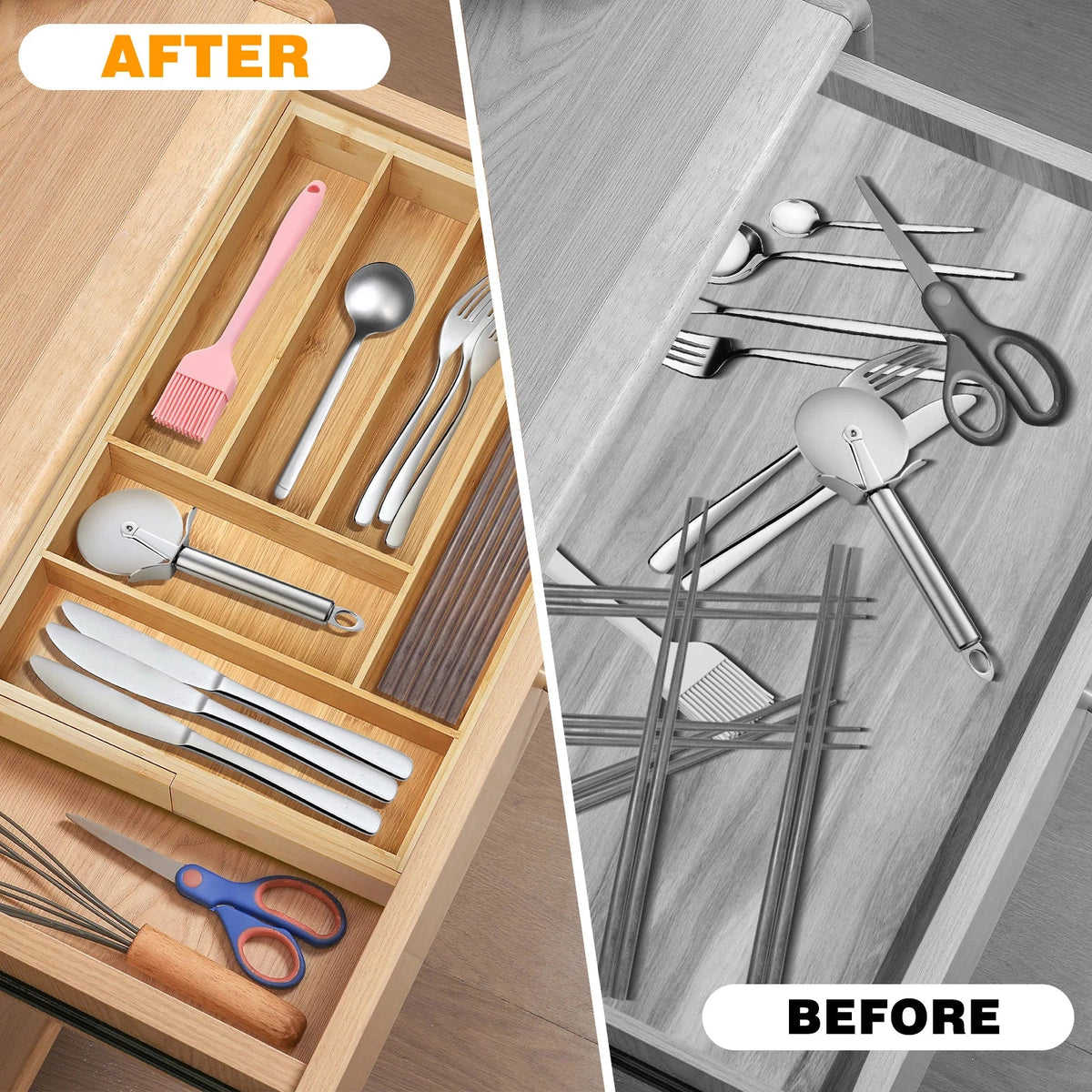Wooden Bamboo Cutlery Tray Drawer - Large Expandable 6–8 Compartments Adjustable