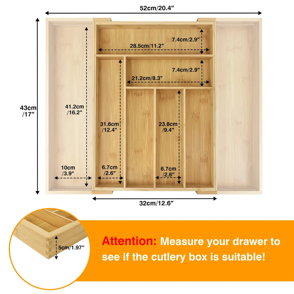 Wooden Bamboo Cutlery Tray Drawer - Large Expandable 6–8 Compartments Adjustable