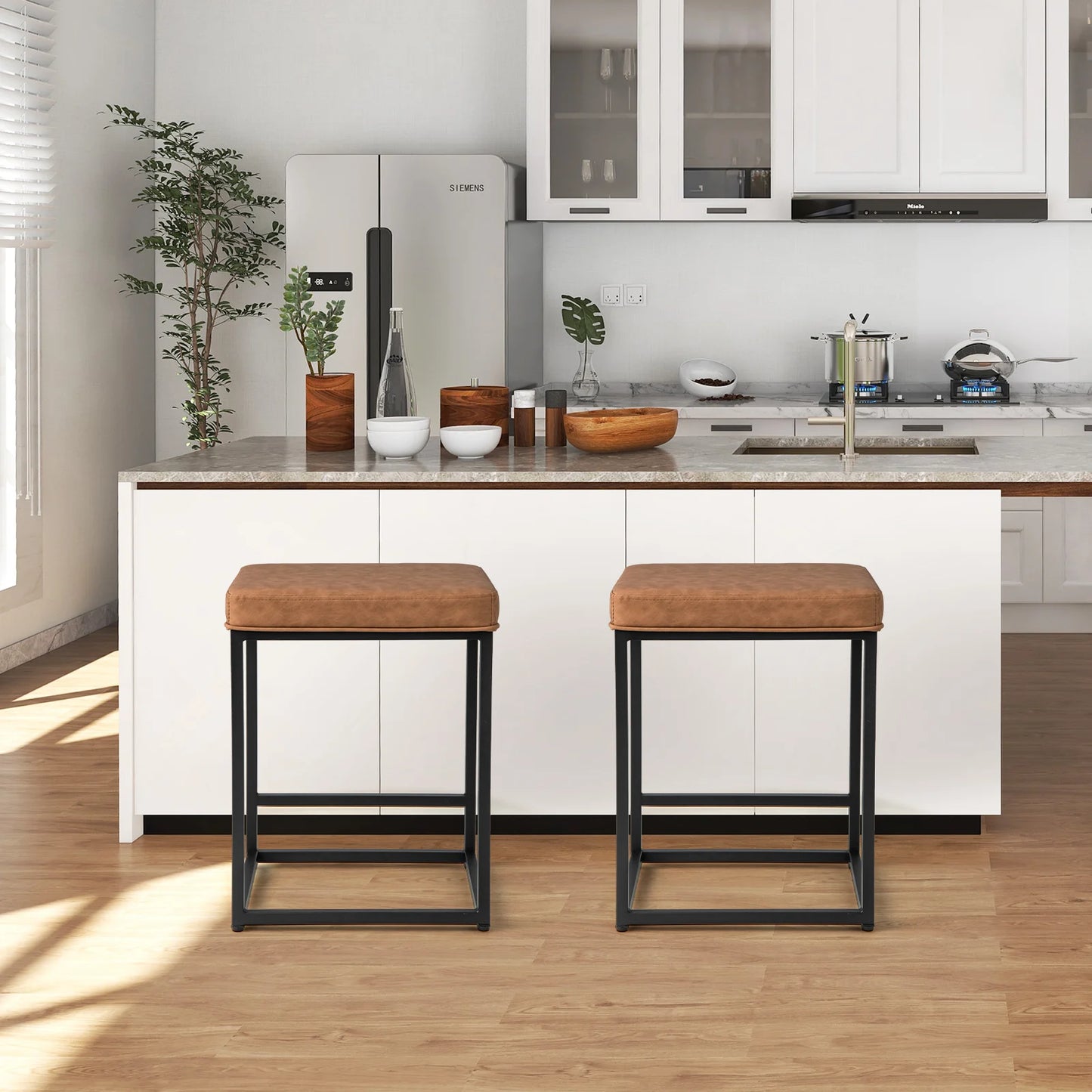 Bar Stools Set of 4 with PVC Leather Cushion Brown