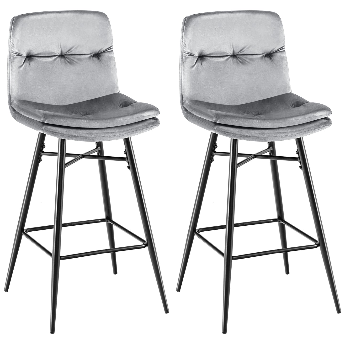 Bar Stools Set of 2 with Tufted Back, Metal Footrests and Legs-Blue