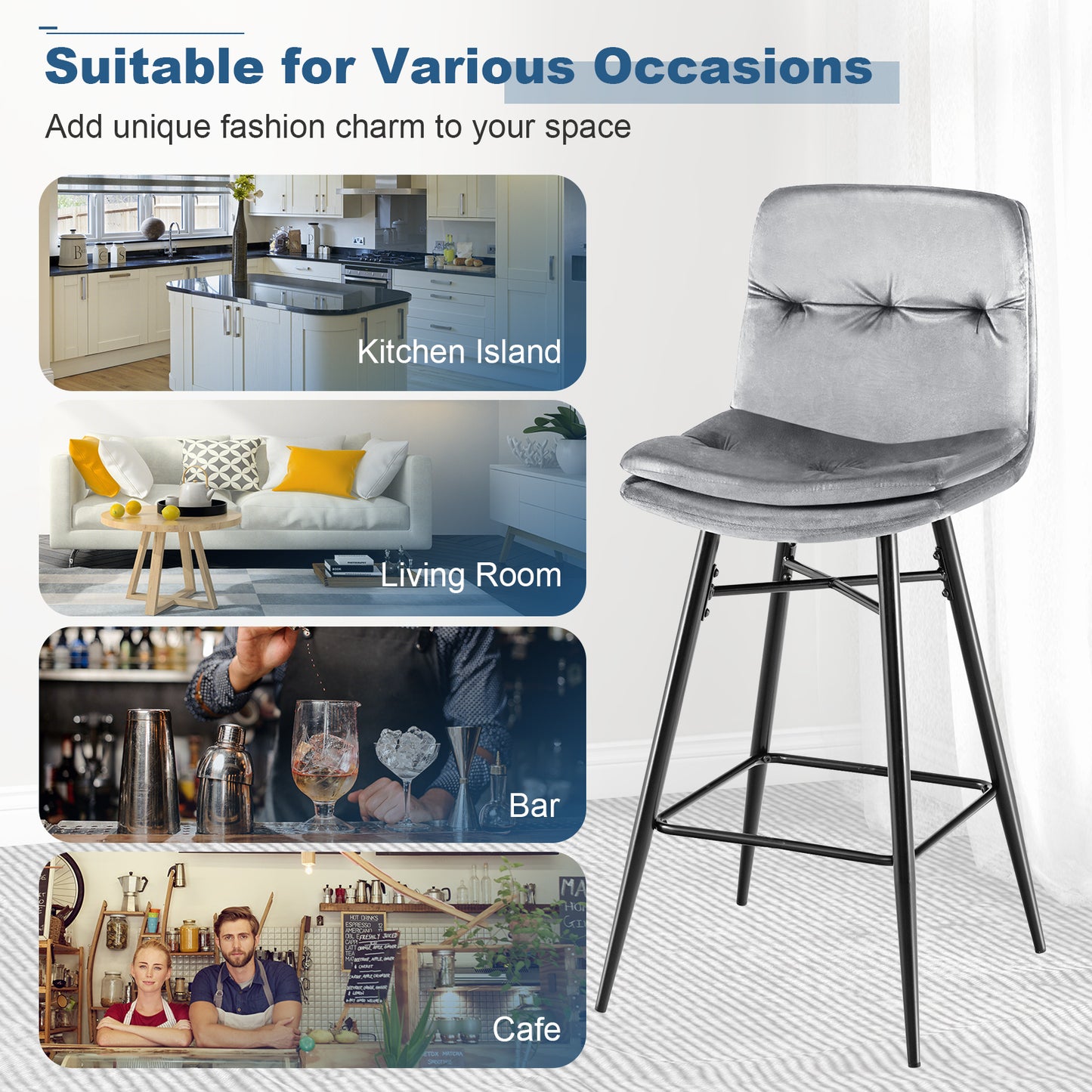 Bar Stools Set of 2 with Tufted Back, Metal Footrests and Legs-Blue