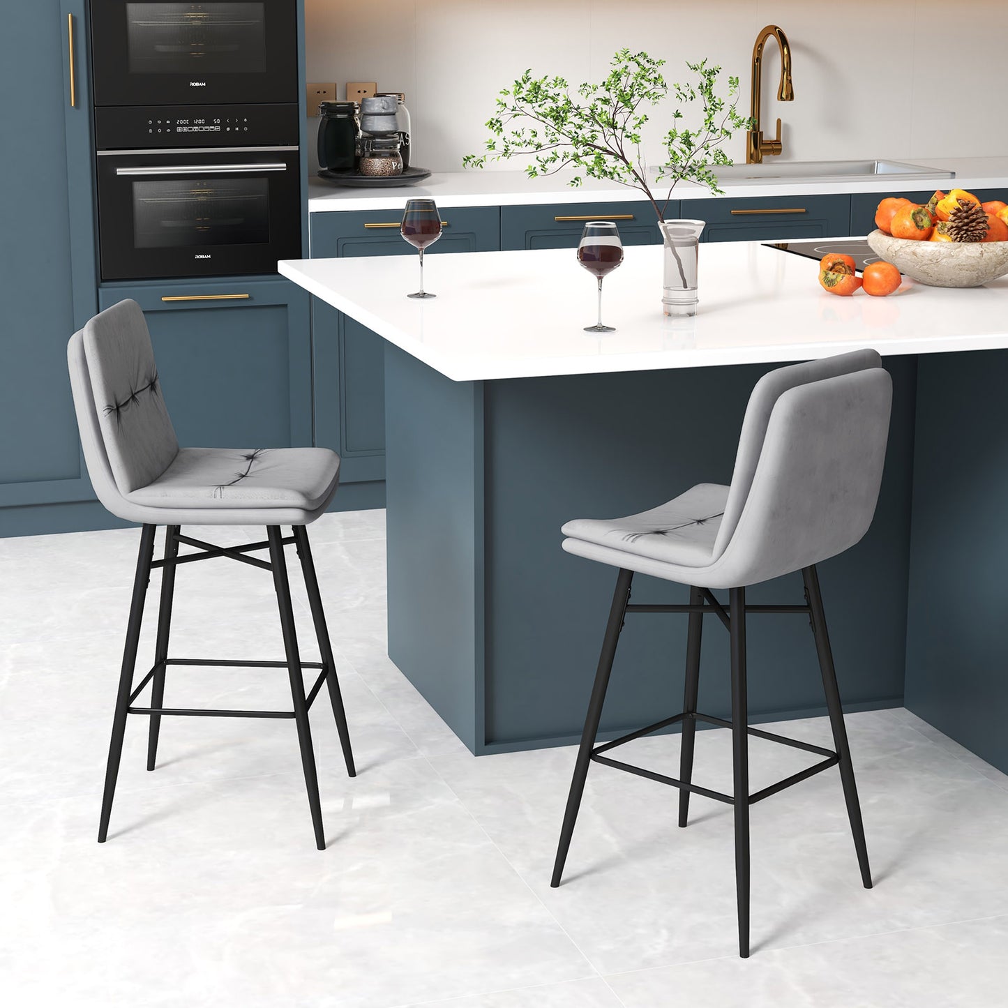 Bar Stools Set of 2 with Tufted Back, Metal Footrests and Legs-Blue
