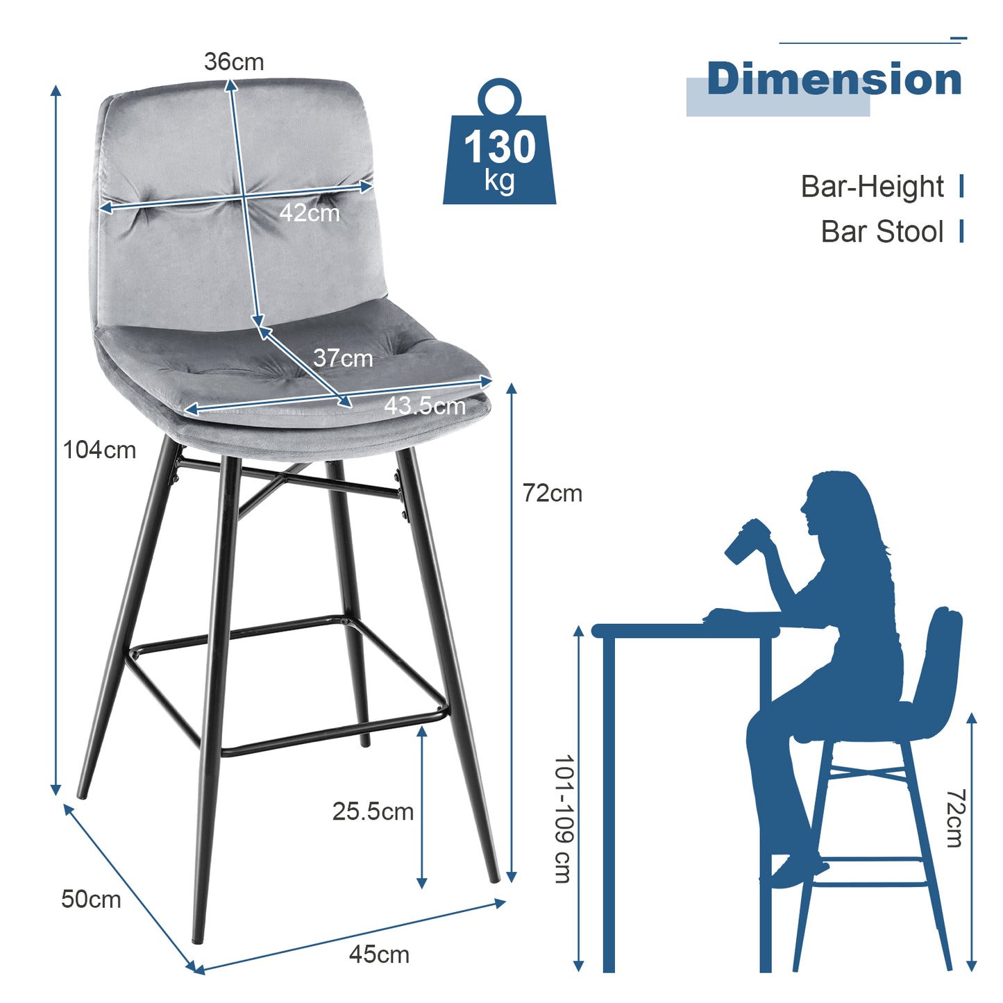 Bar Stools Set of 2 with Tufted Back, Metal Footrests and Legs-Blue