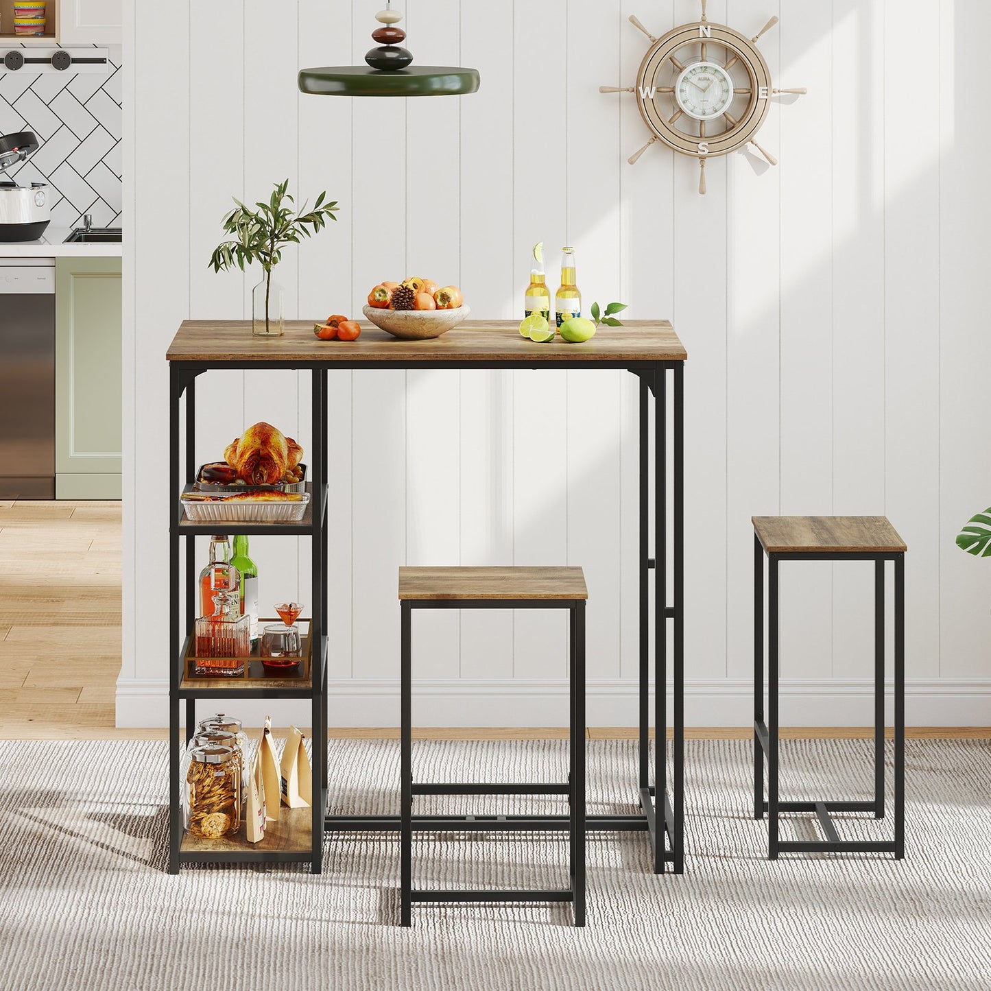 3-Piece Bar Table Set 2 Person Dining Furniture Set with 2 Stools-Brown