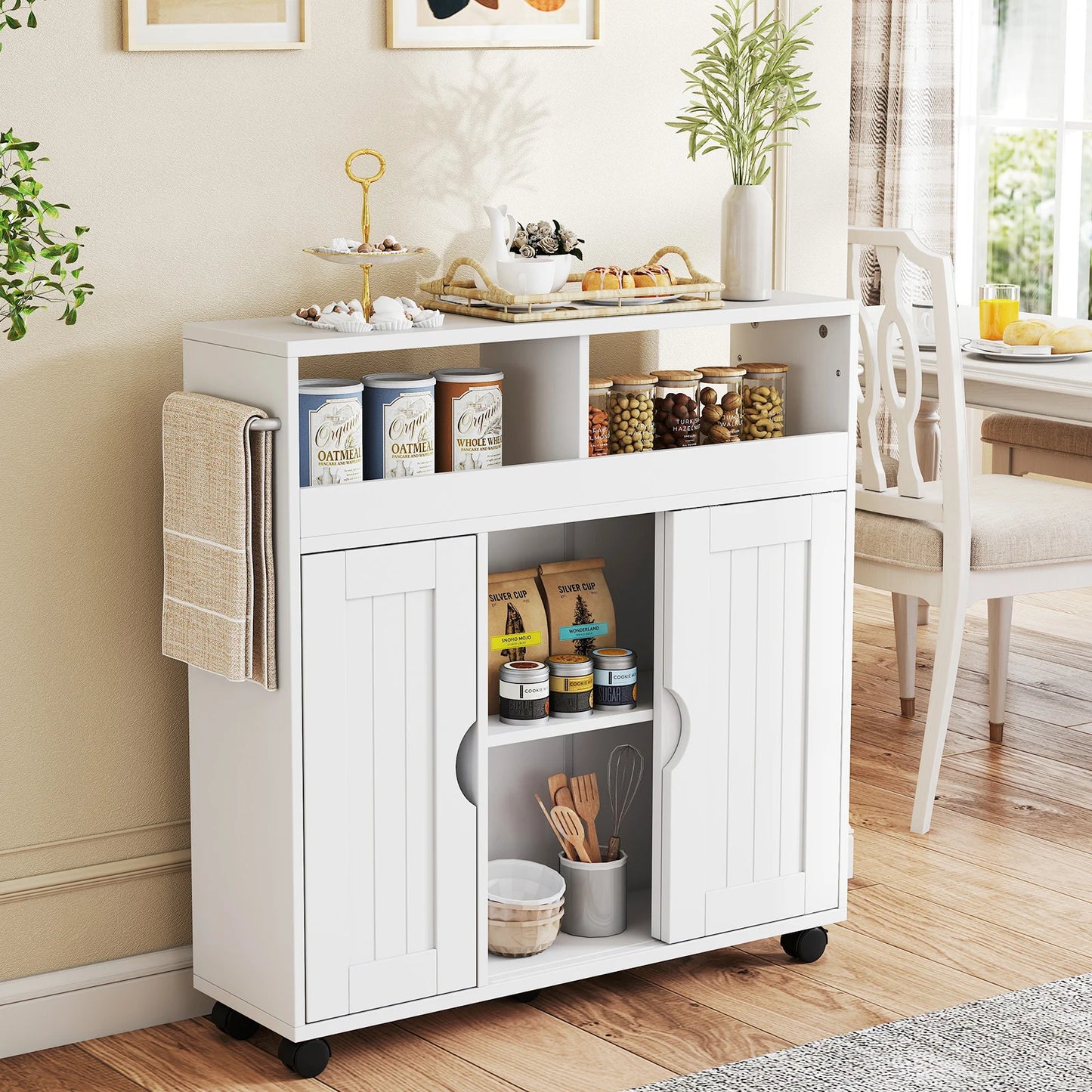 Bathroom Cabinet with Wheels Slim Side Storage Organizer with Adjustable Shelf and Towel Racks-White