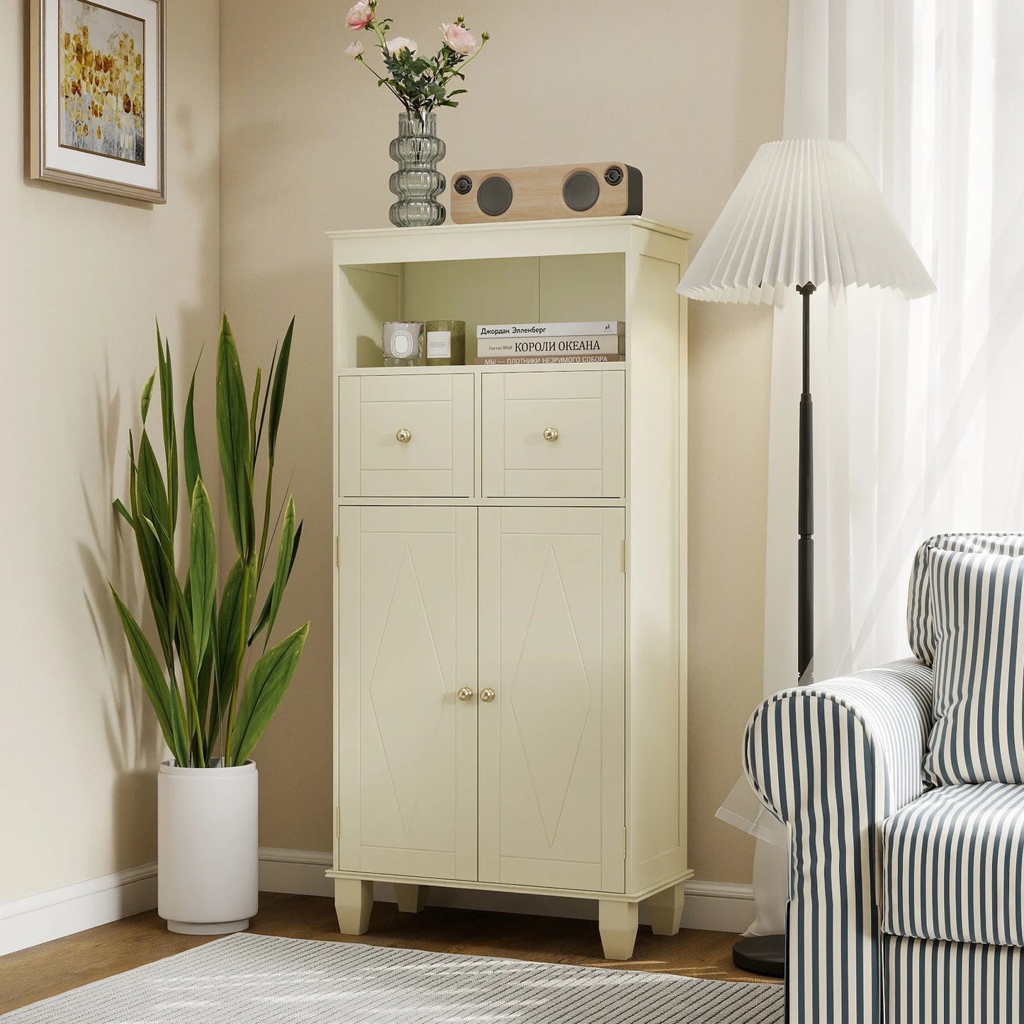 Bathroom Floor Storage Cabinet with Doors and Shelves-Black