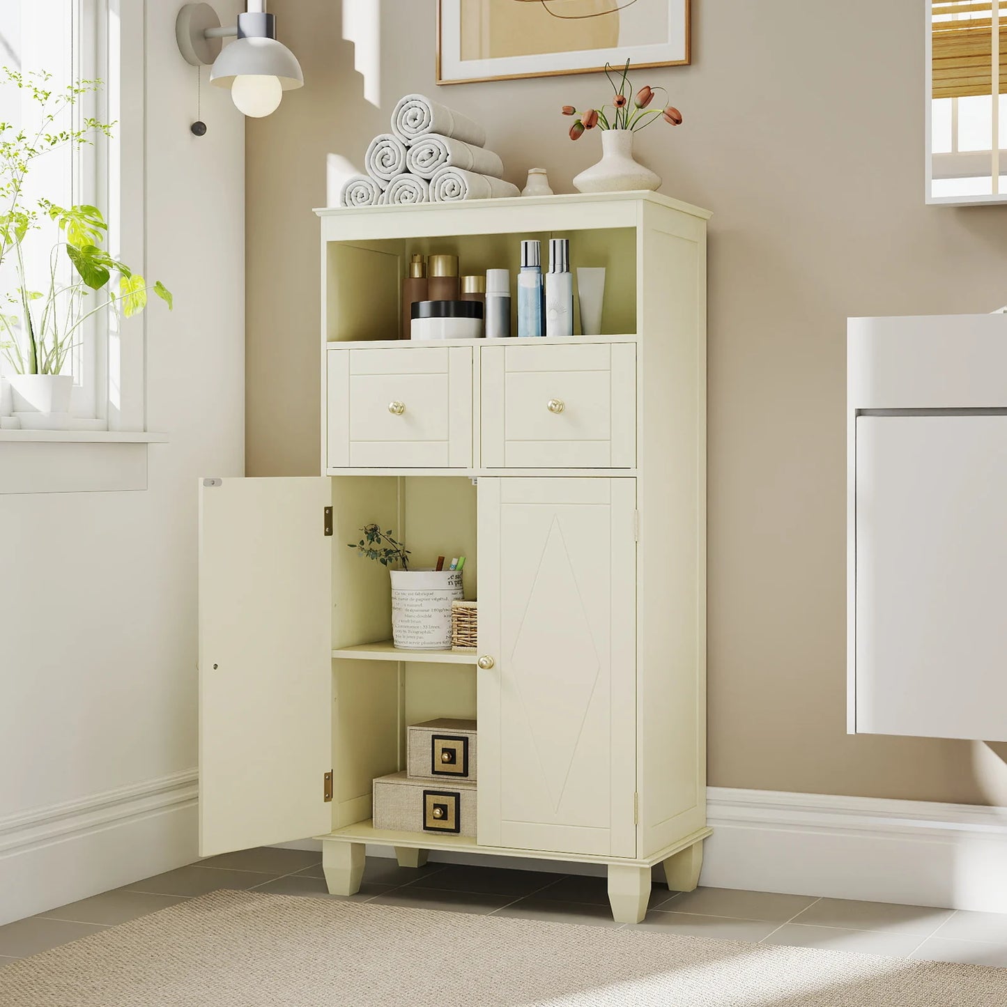 Bathroom Floor Storage Cabinet with Doors and Shelves-Black