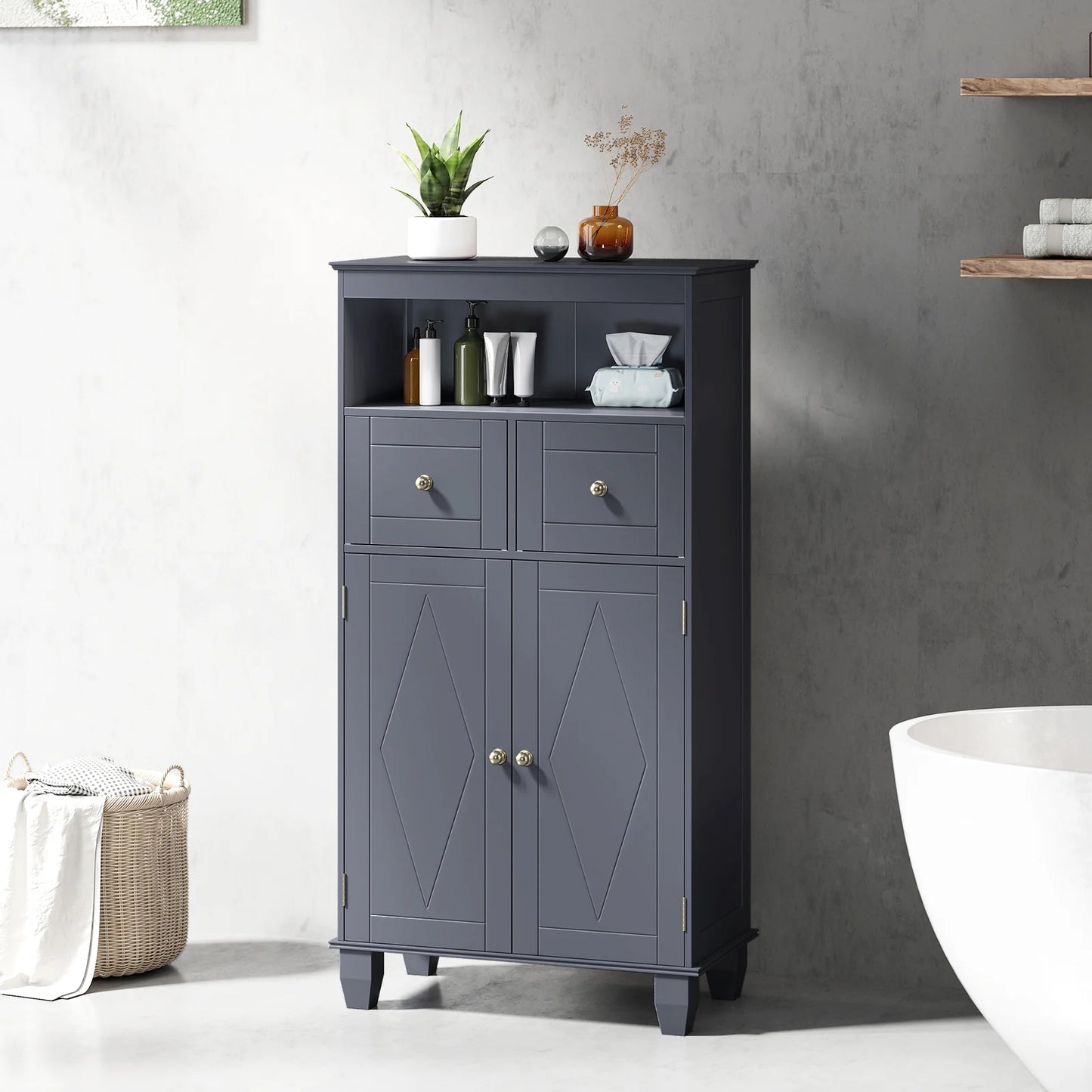 Bathroom Floor Storage Cabinet with Doors and Shelves-Black