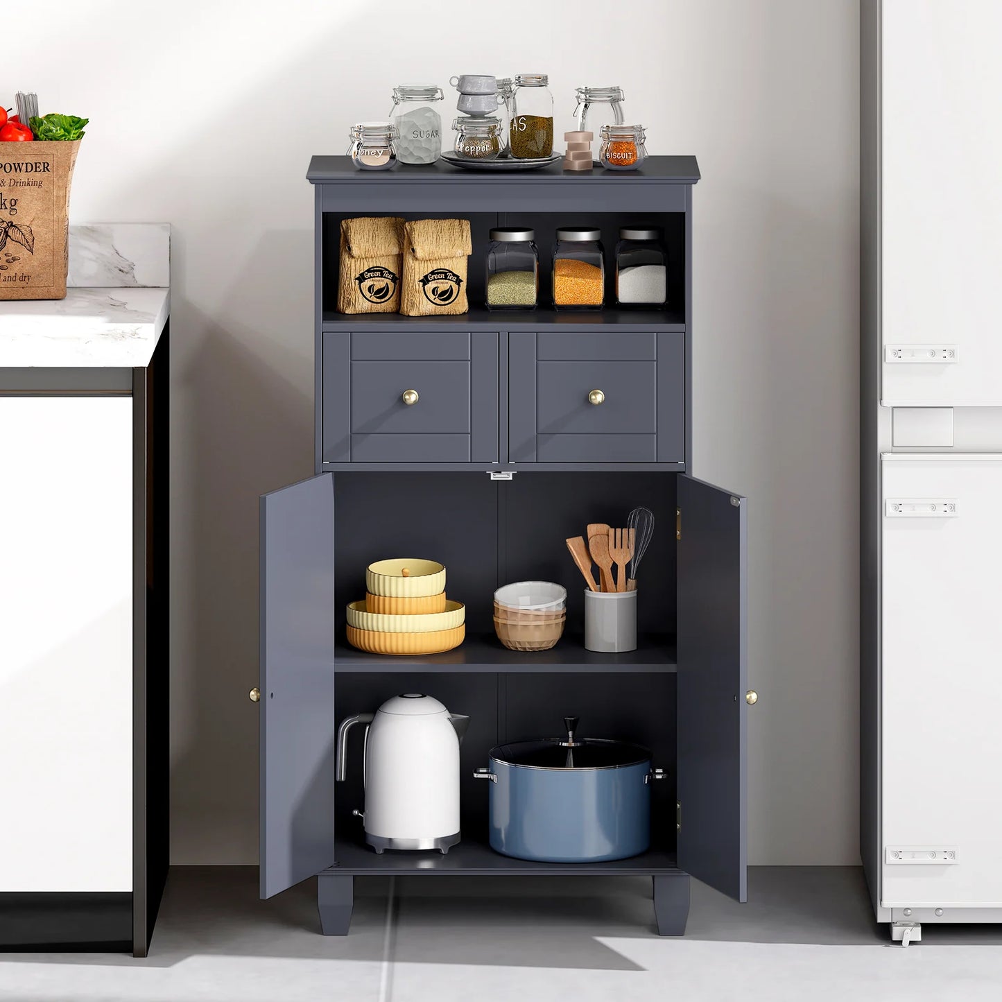 Bathroom Floor Storage Cabinet with Doors and Shelves-Black