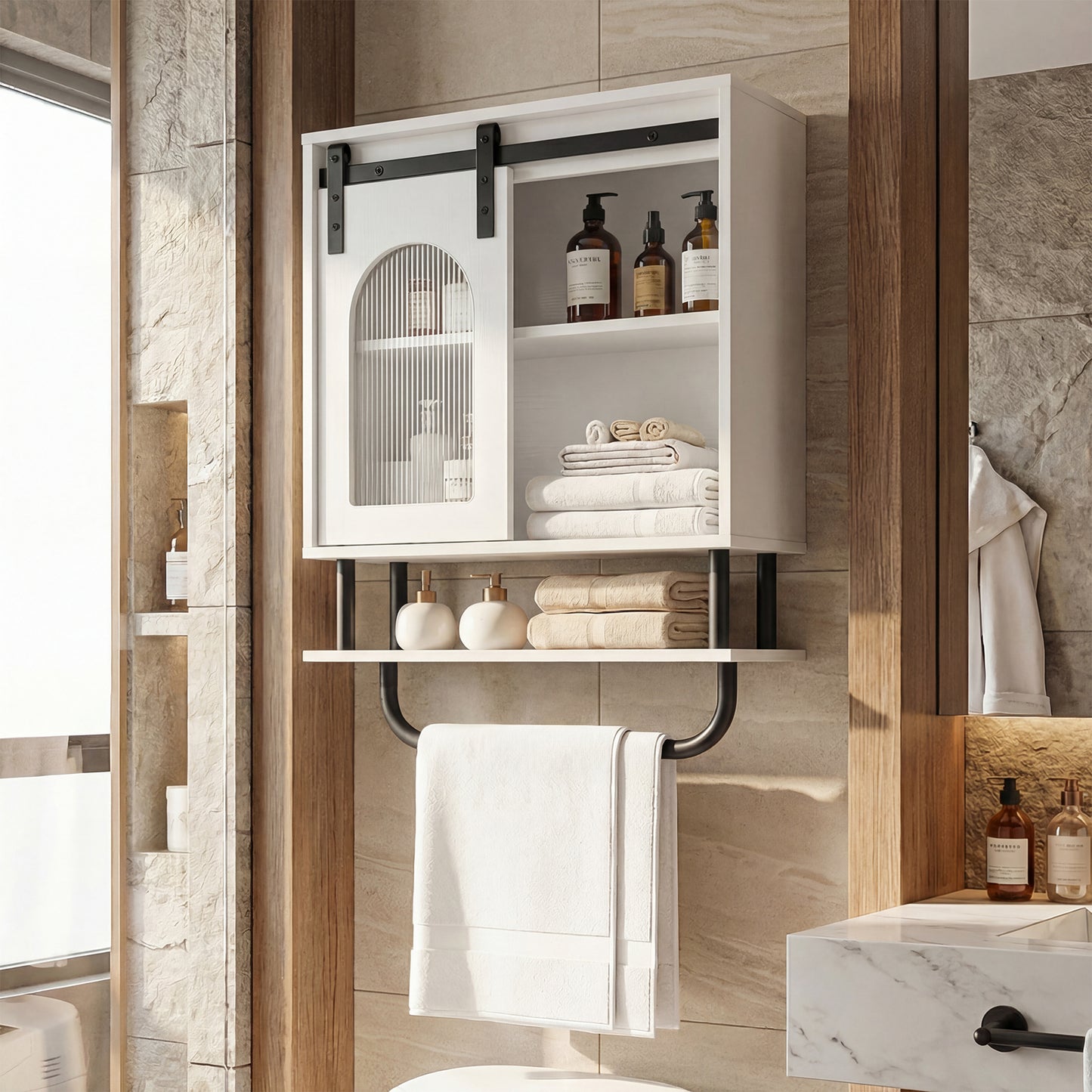 Bathroom Wall Cabinet with Sliding Barn Door and Metal Hanging Bar-Rustic Brown