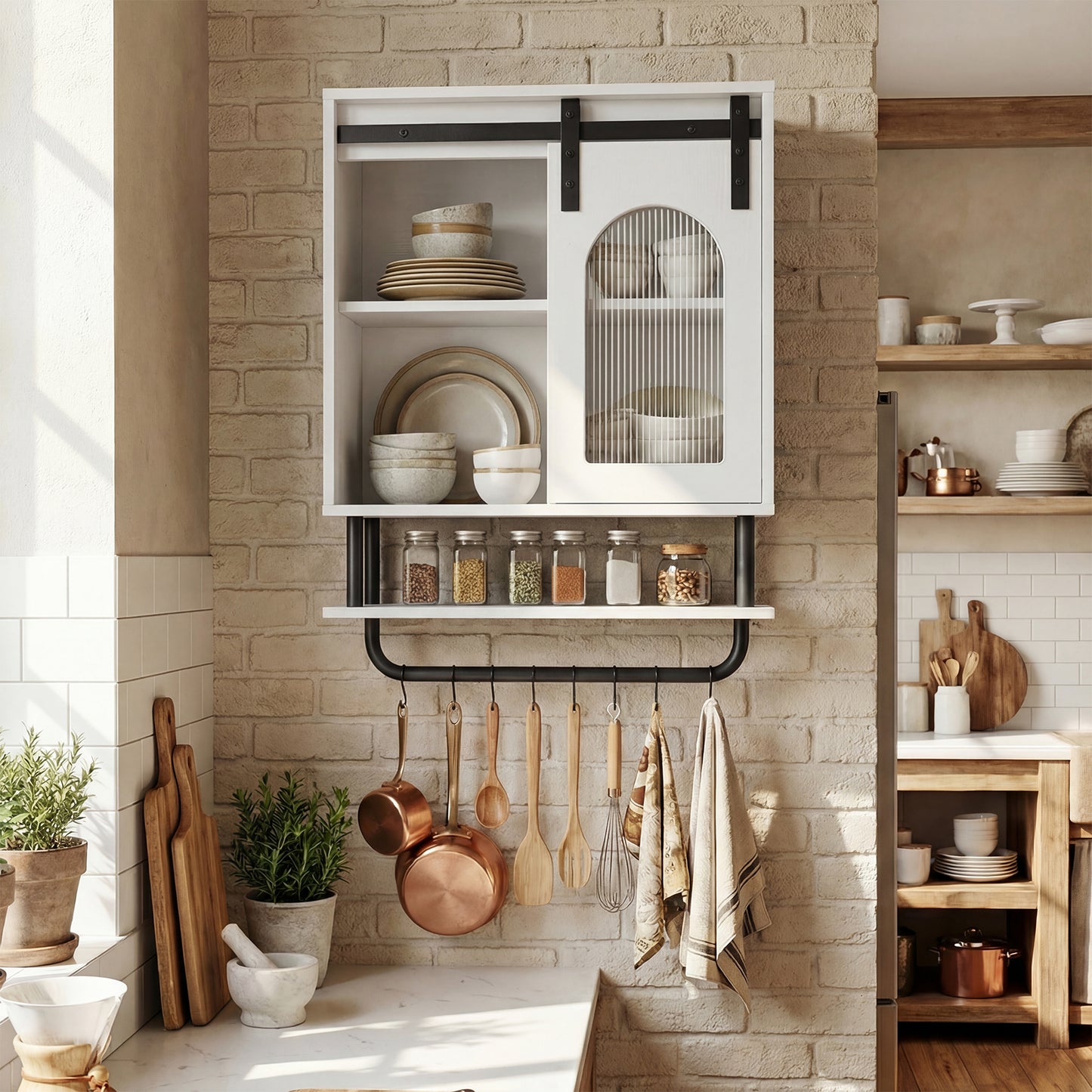 Bathroom Wall Cabinet with Sliding Barn Door and Metal Hanging Bar-Rustic Brown