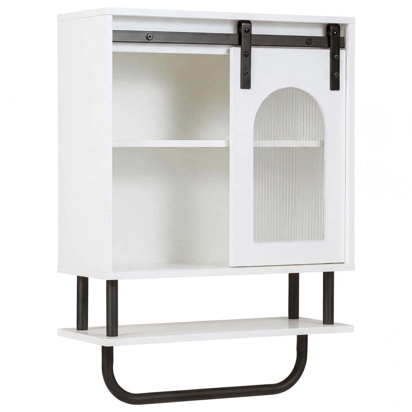 Bathroom Wall Cabinet with Sliding Barn Door and Metal Hanging Bar-Rustic Brown