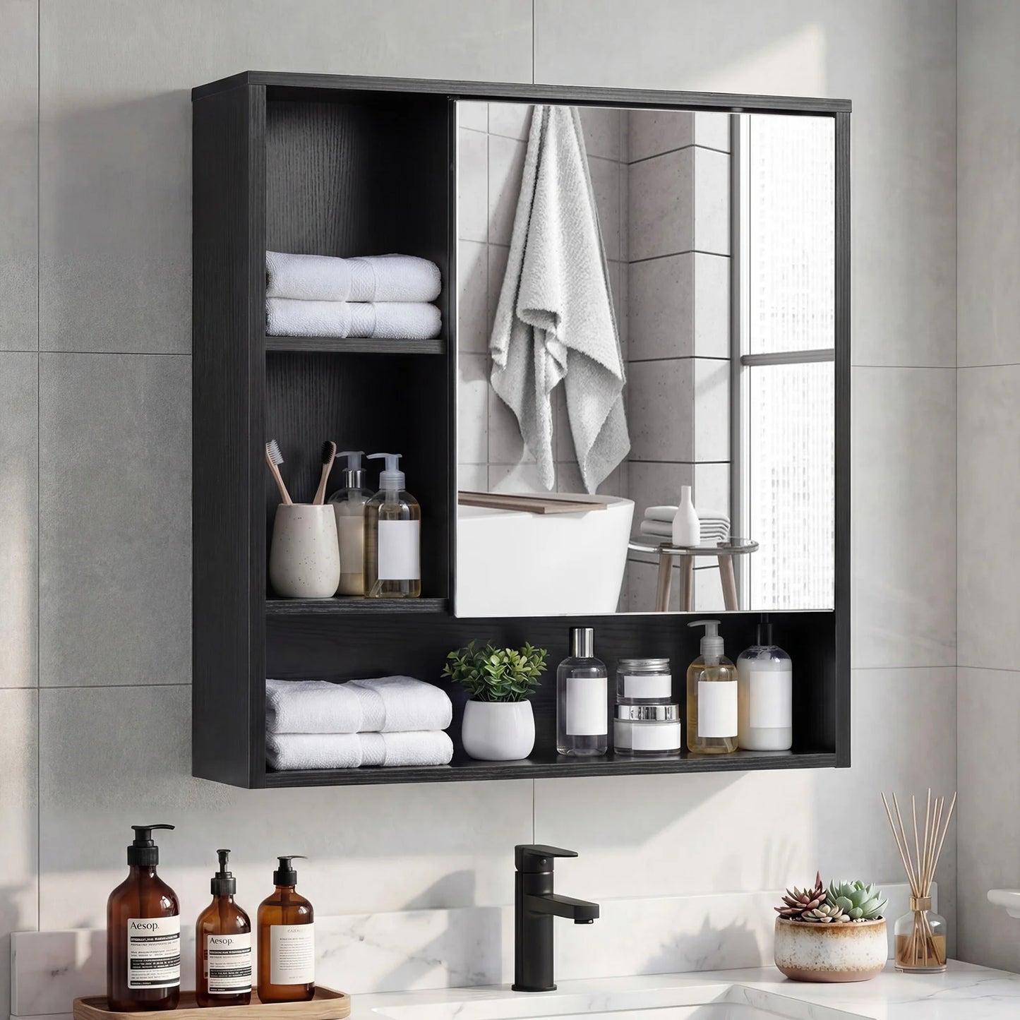 Bathroom Wall Mirror Cabinet with Single Door and 3 Open Shelves-Black
