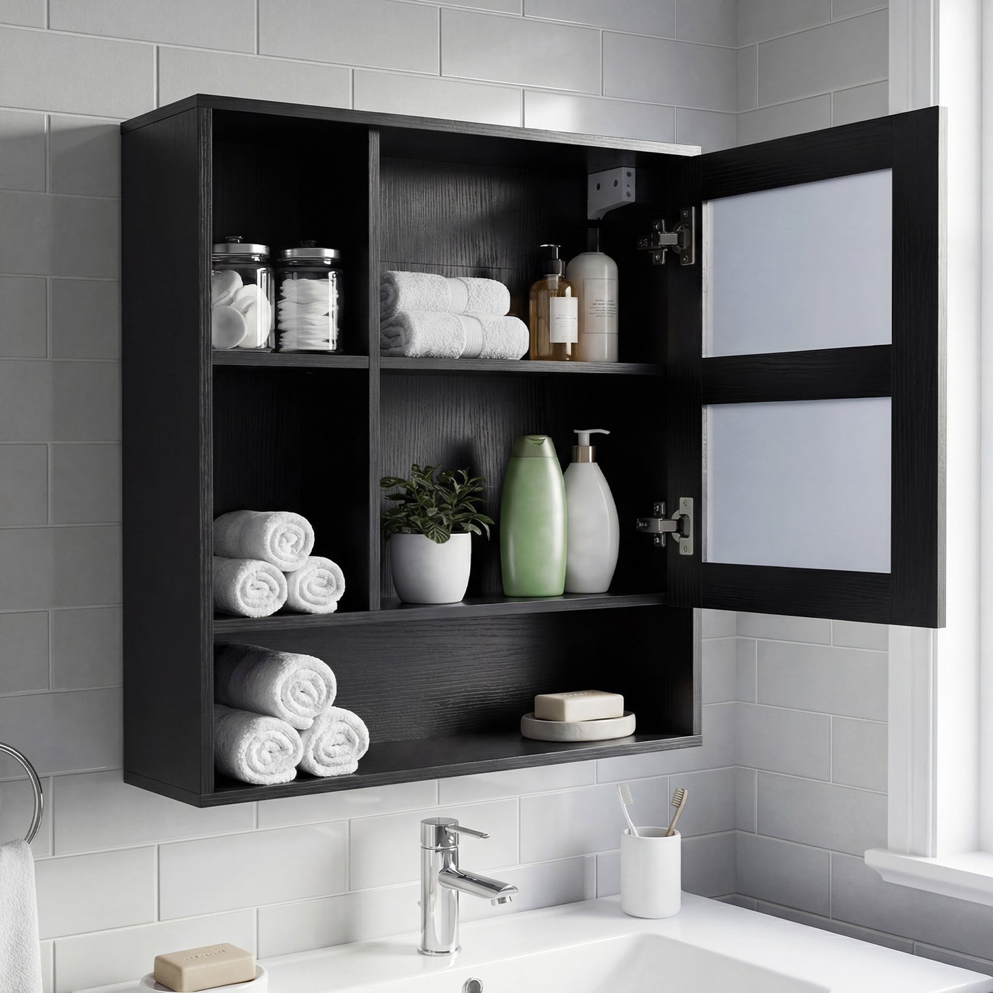 Bathroom Wall Mirror Cabinet with Single Door and 3 Open Shelves-Black