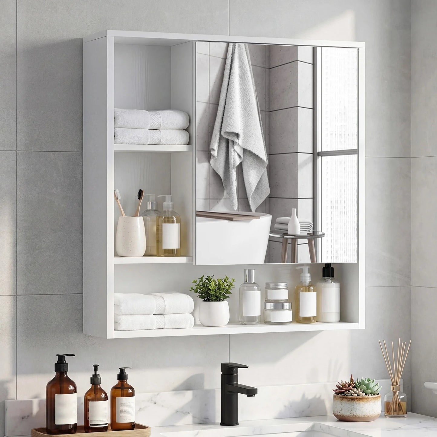Bathroom Wall Mirror Cabinet with Single Door and 3 Open Shelves-Black