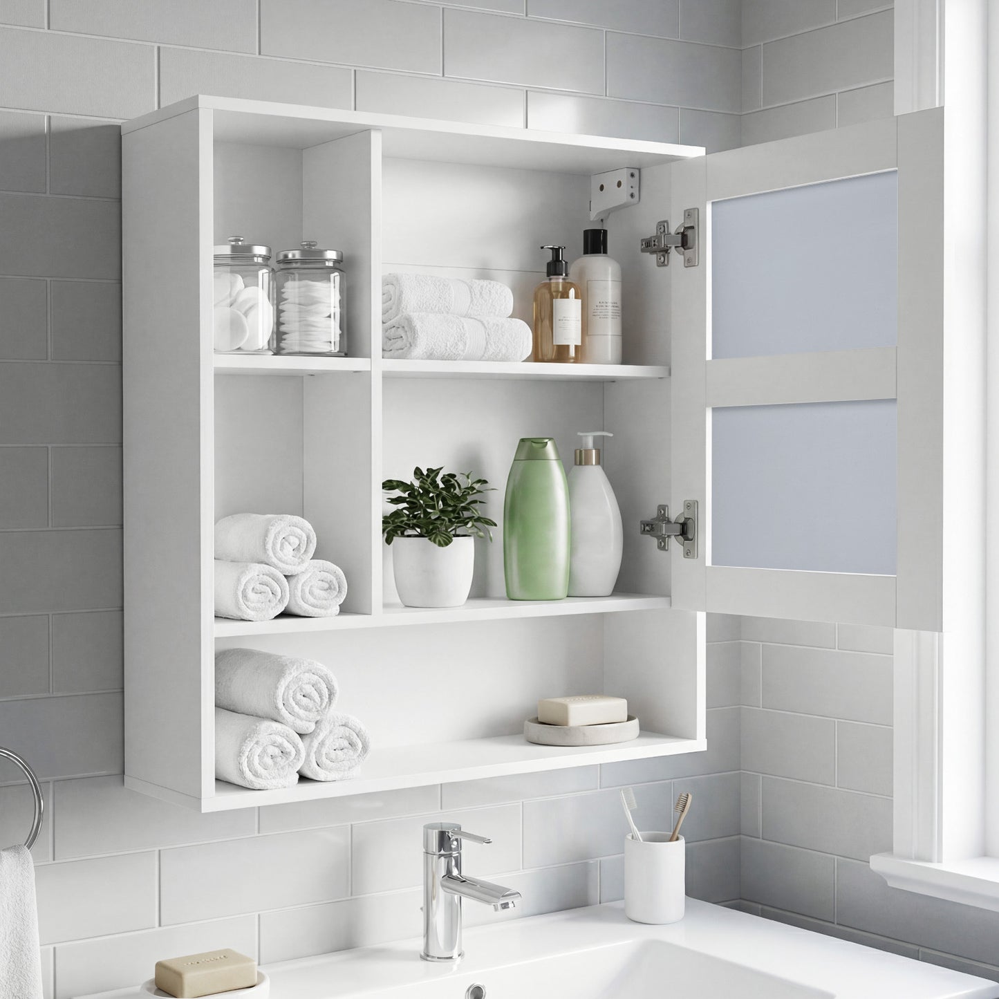 Bathroom Wall Mirror Cabinet with Single Door and 3 Open Shelves-Black
