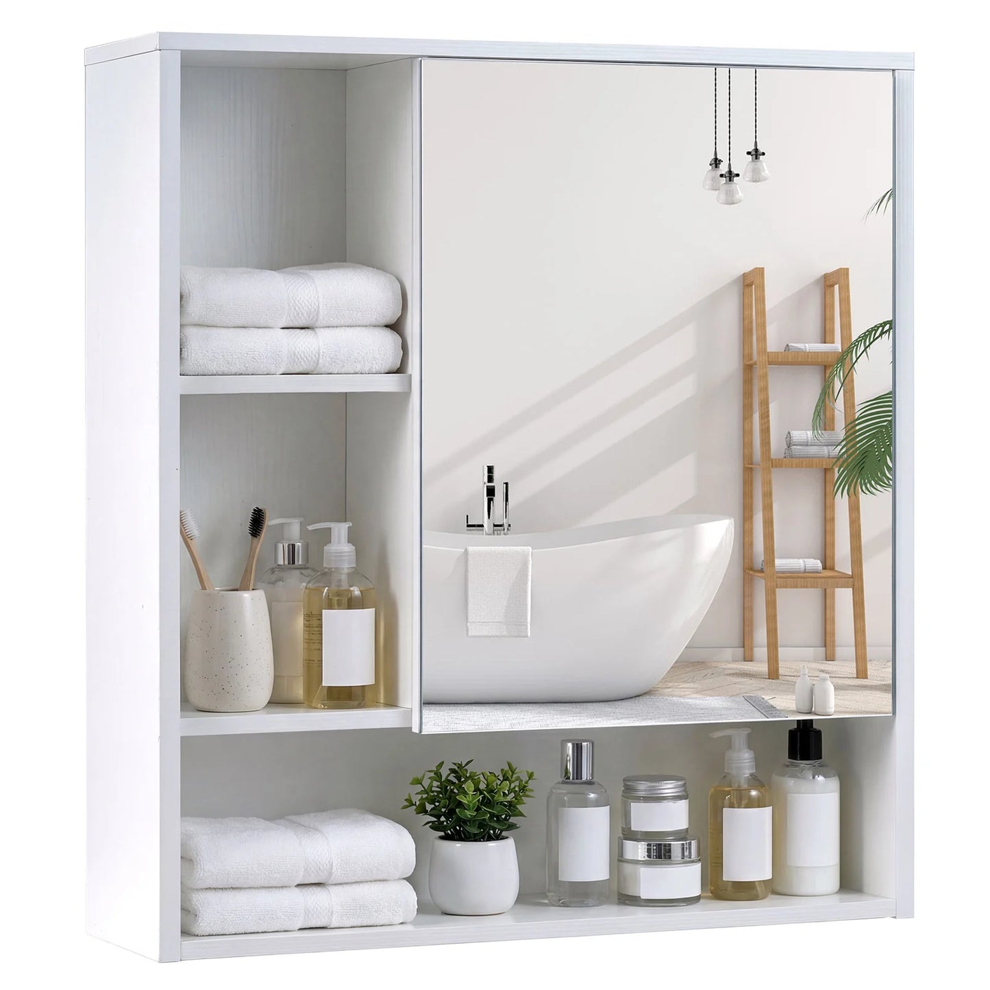 Bathroom Wall Mirror Cabinet with Single Door and 3 Open Shelves-Black