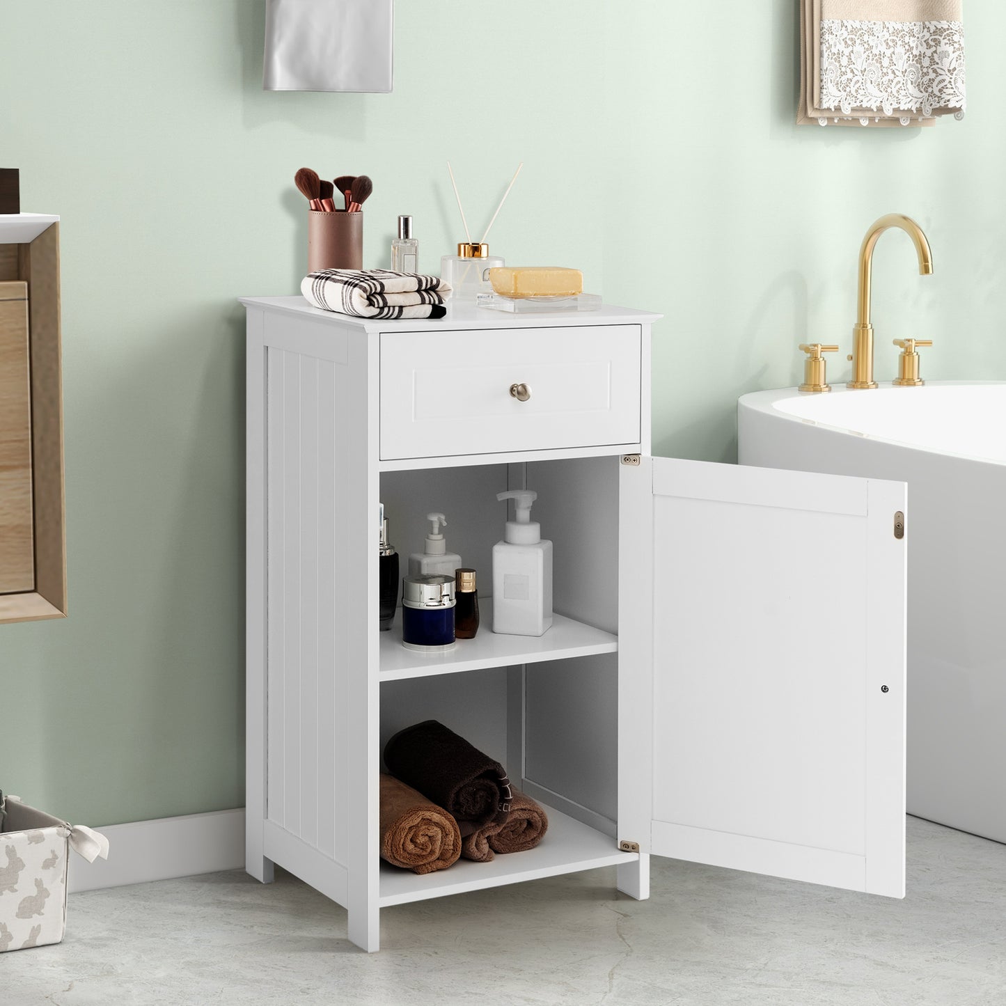 Bathroom Cabinet Floor Organizer with Single Door and Drawer-Grey