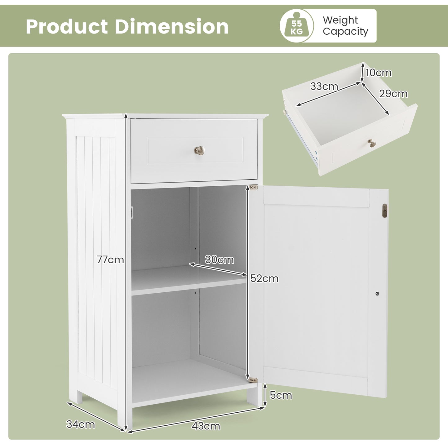 Bathroom Cabinet Floor Organizer with Single Door and Drawer-Grey