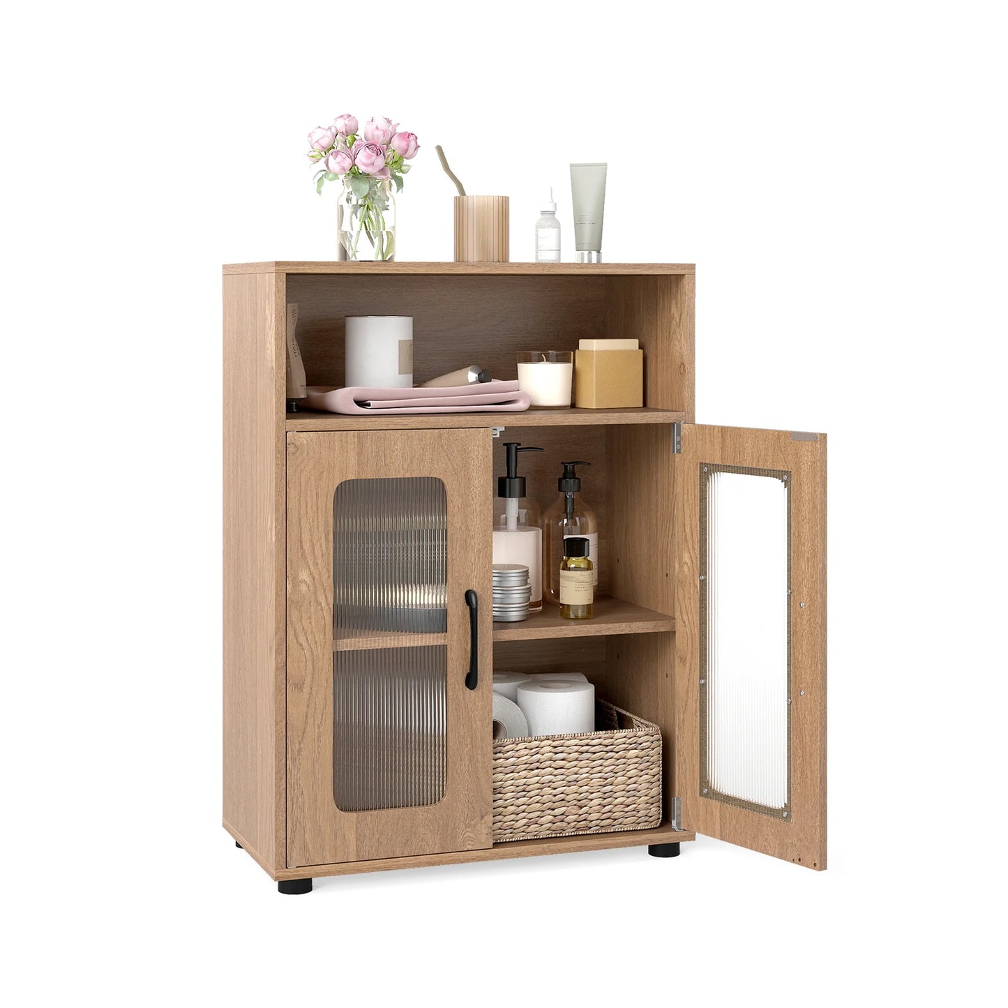 Bathroom Cabinet Freestanding Cabinet with 2 Doors and 3-Level Adjustable Shelf-Black