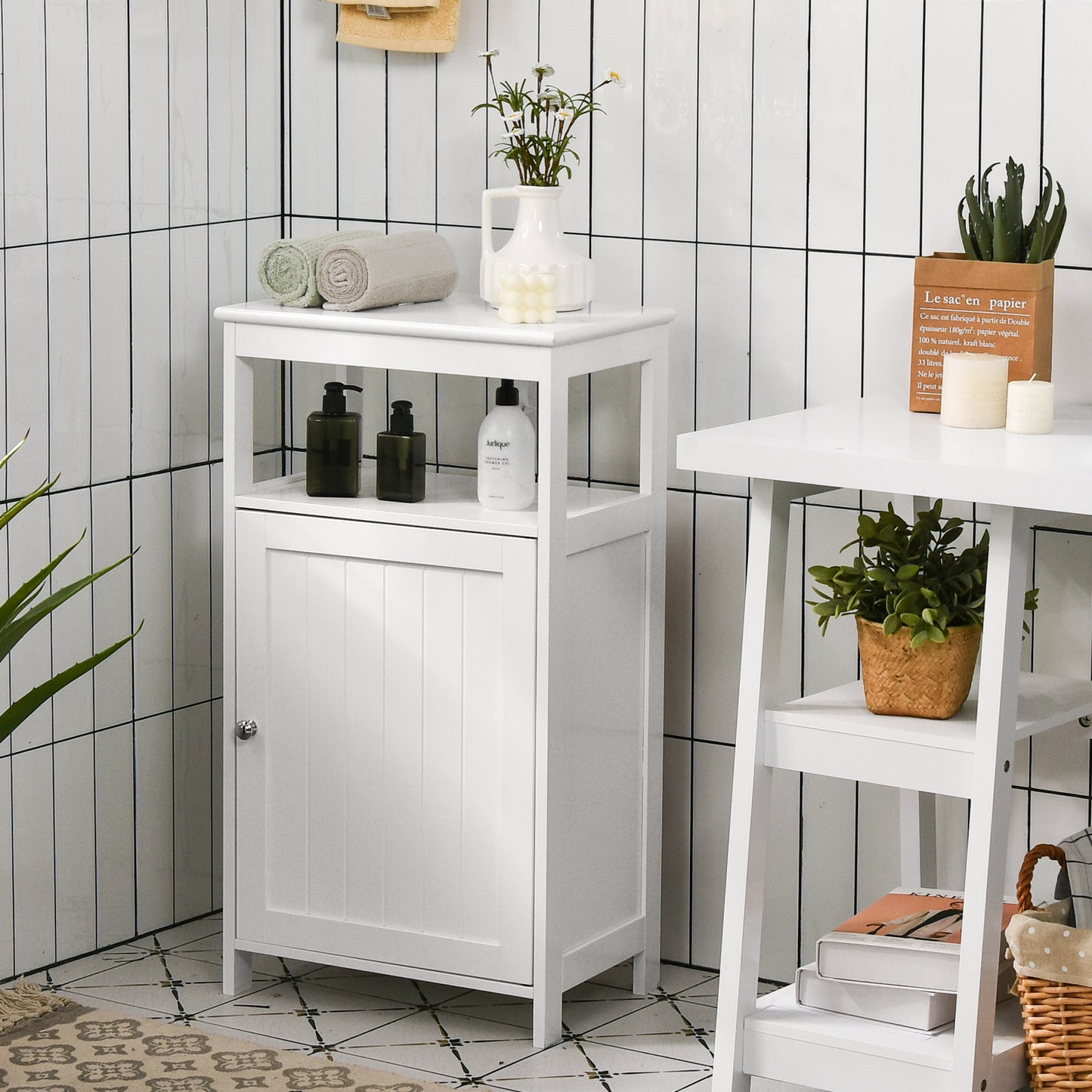 Bathroom Floor Cabinet with Single Door and Adjustable Shelf-White