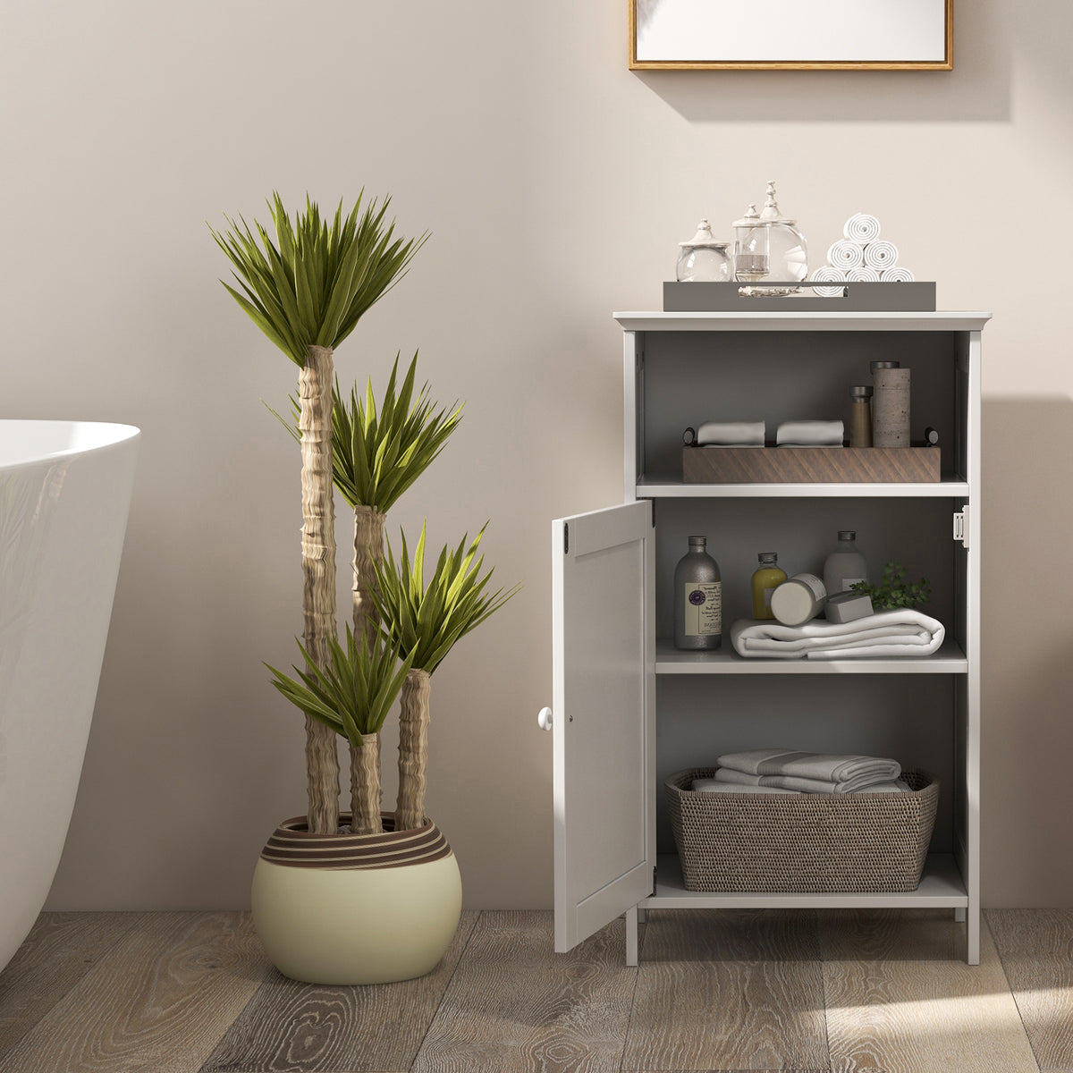Bathroom Floor Single Door Side Cabinet with Open Compartment-Black