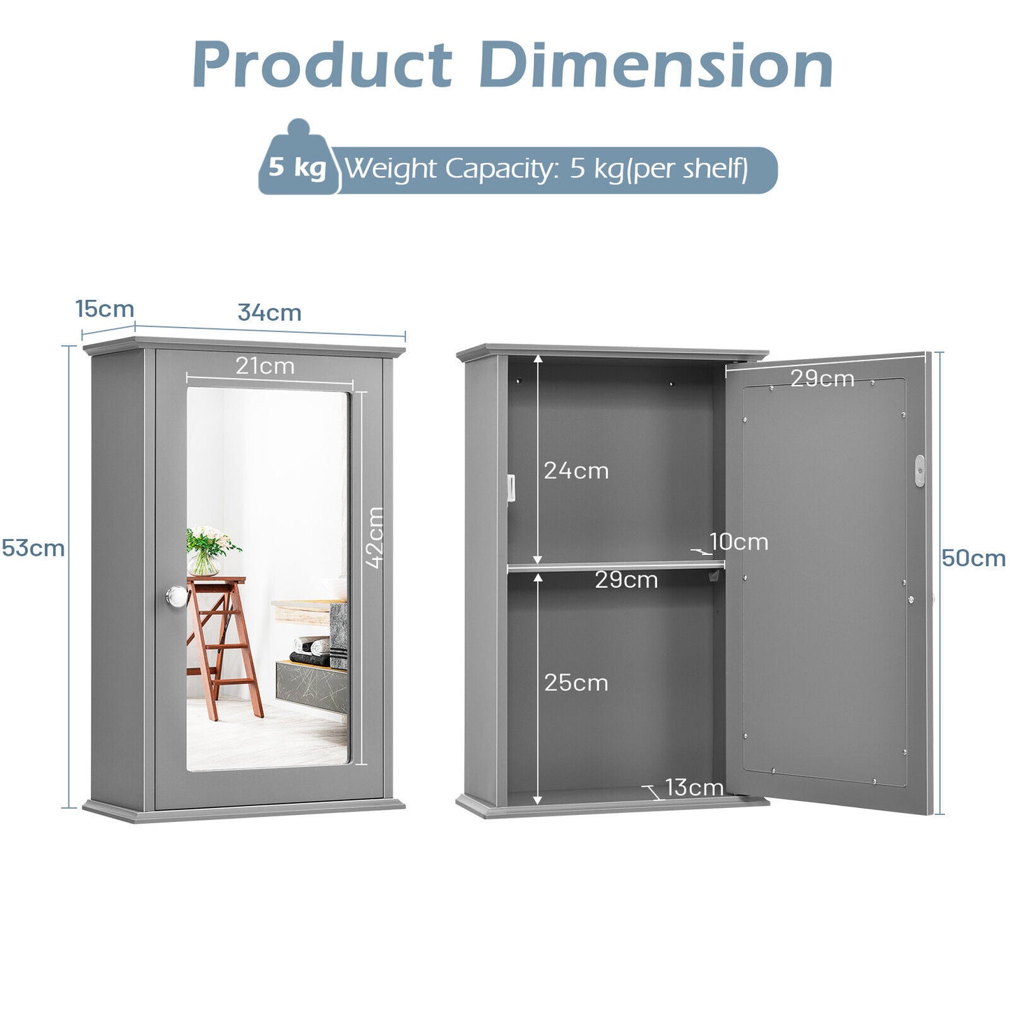 Bathroom Medicine Cabinet with Mirror and Adjustable Shelf-Grey