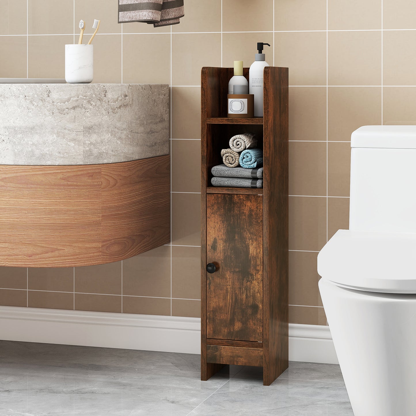 Bathroom Storage Cabinet with Door and Adjustable Shelves-Black