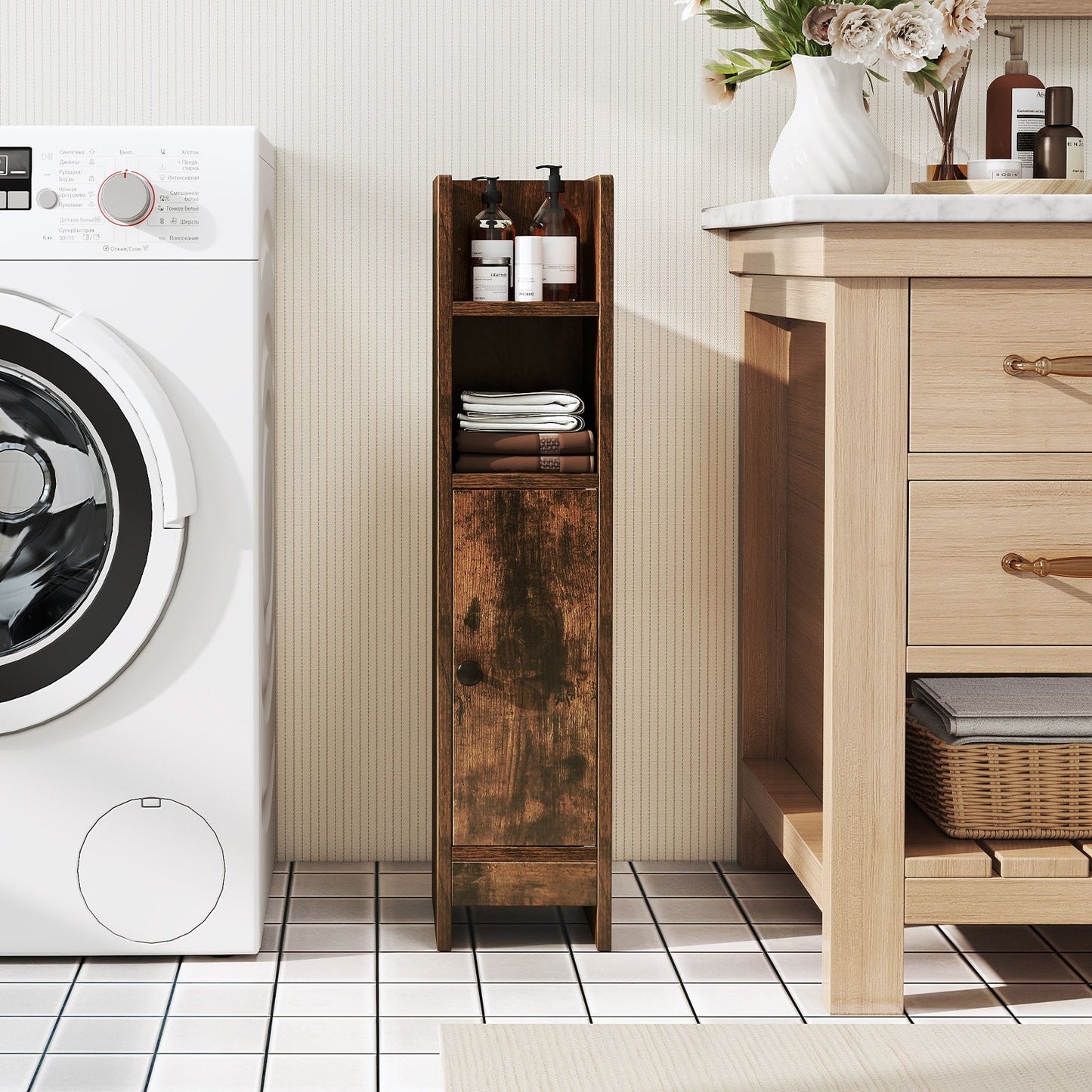 Bathroom Storage Cabinet with Door and Adjustable Shelves-Black
