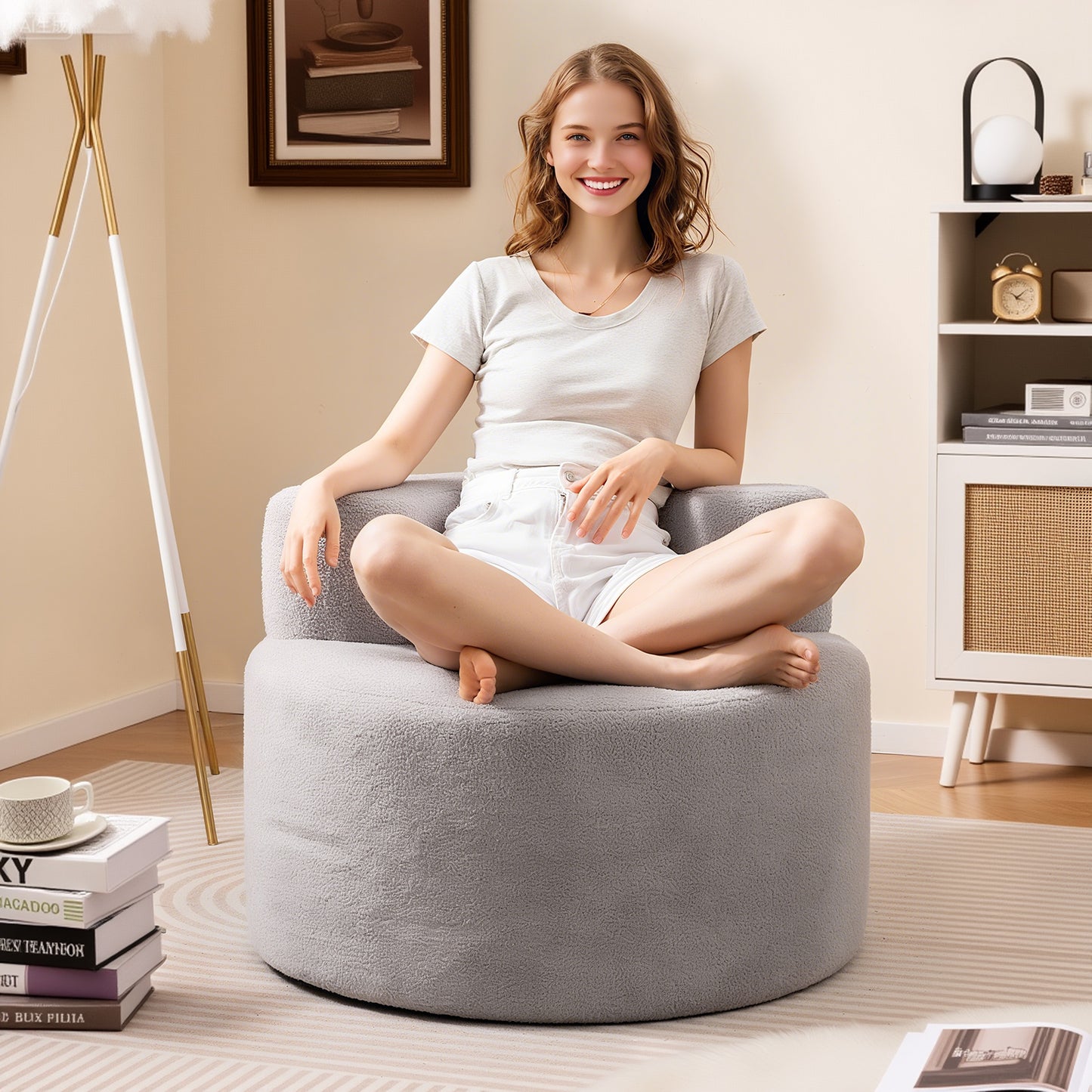 Bean Bag Chair with Soft Teddy Fleece and Curved Backrest-White