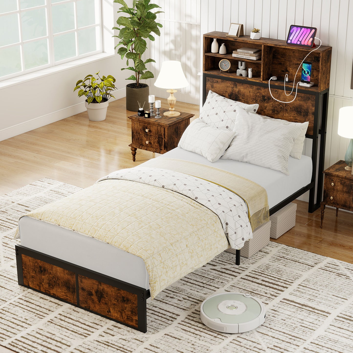 King Size Bed Frame with Charging Station and Storage Headboard-Double Size