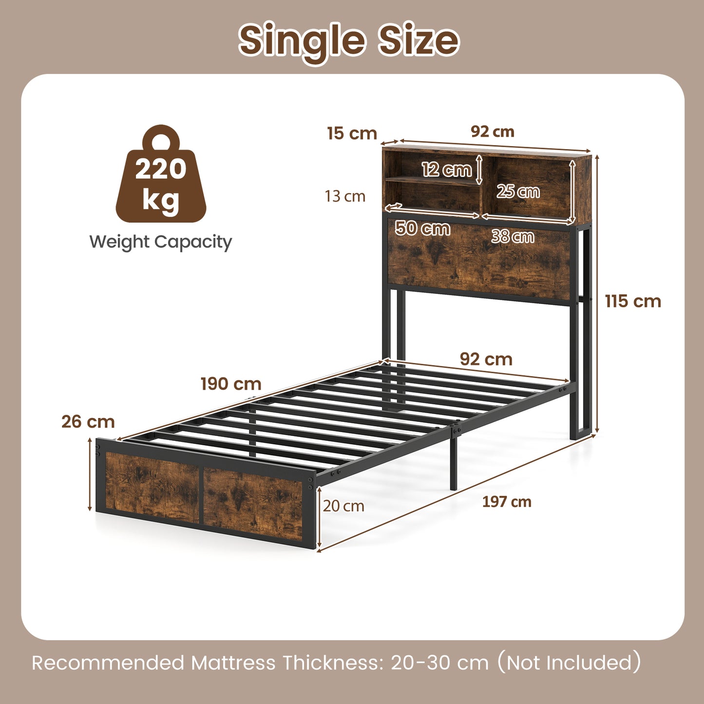 King Size Bed Frame with Charging Station and Storage Headboard-Double Size
