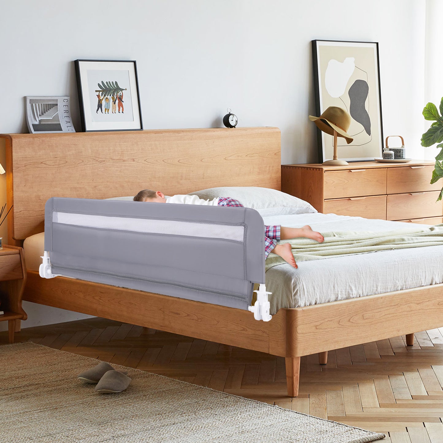 100 CM/120 CM Foldable Baby Bed Rail with Removable Washable Cover and Safety Strap-Grey-100 cm