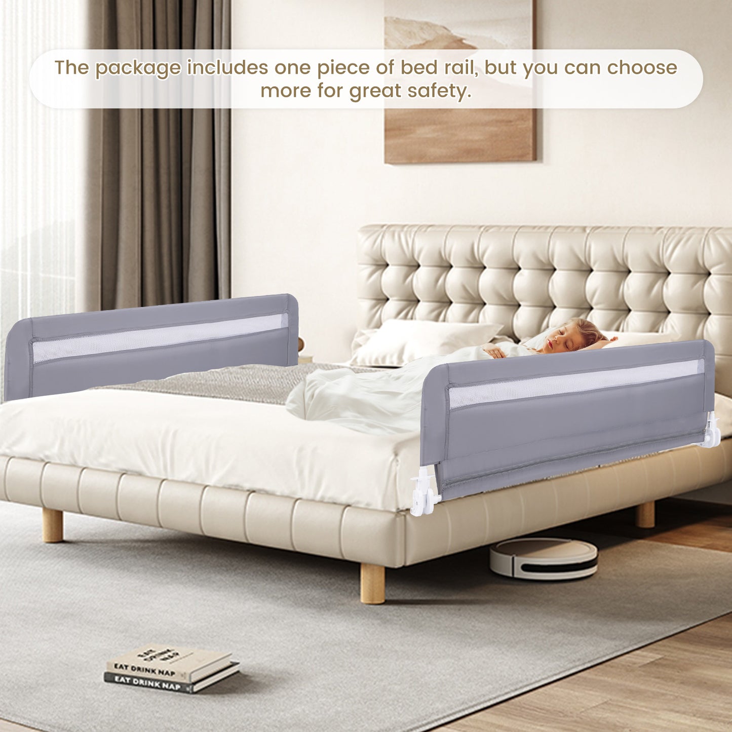 100 CM/120 CM Foldable Baby Bed Rail with Removable Washable Cover and Safety Strap-Grey-100 cm