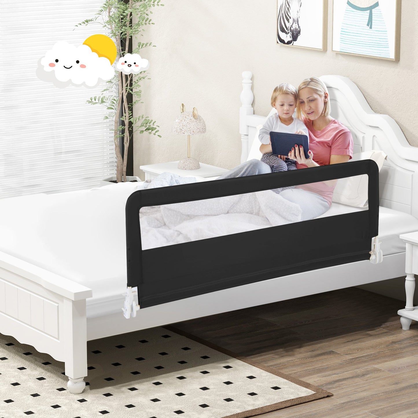 150CM Foldable Baby Bed Rail Guard with Washable Cover and Safety Strap-Beige