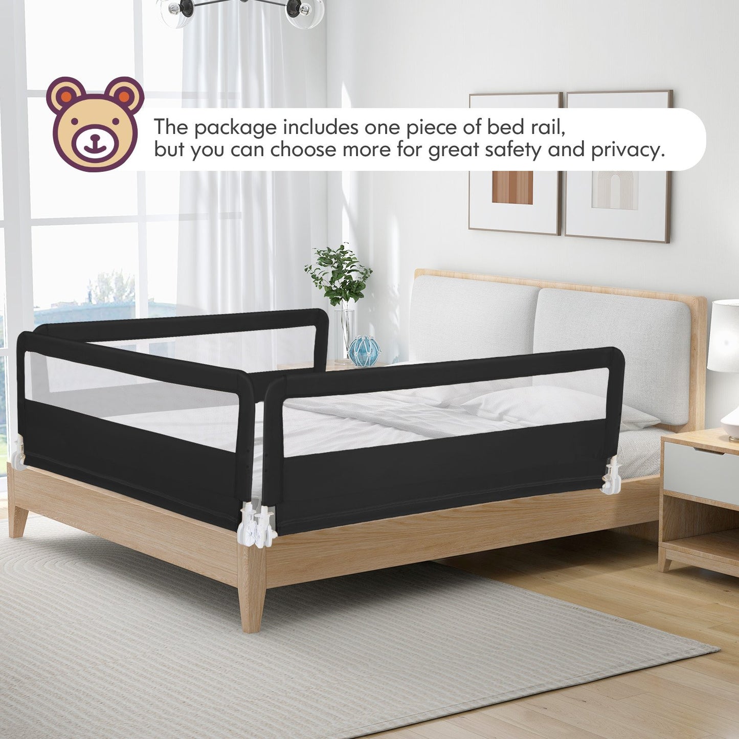 150CM Foldable Baby Bed Rail Guard with Washable Cover and Safety Strap-Beige