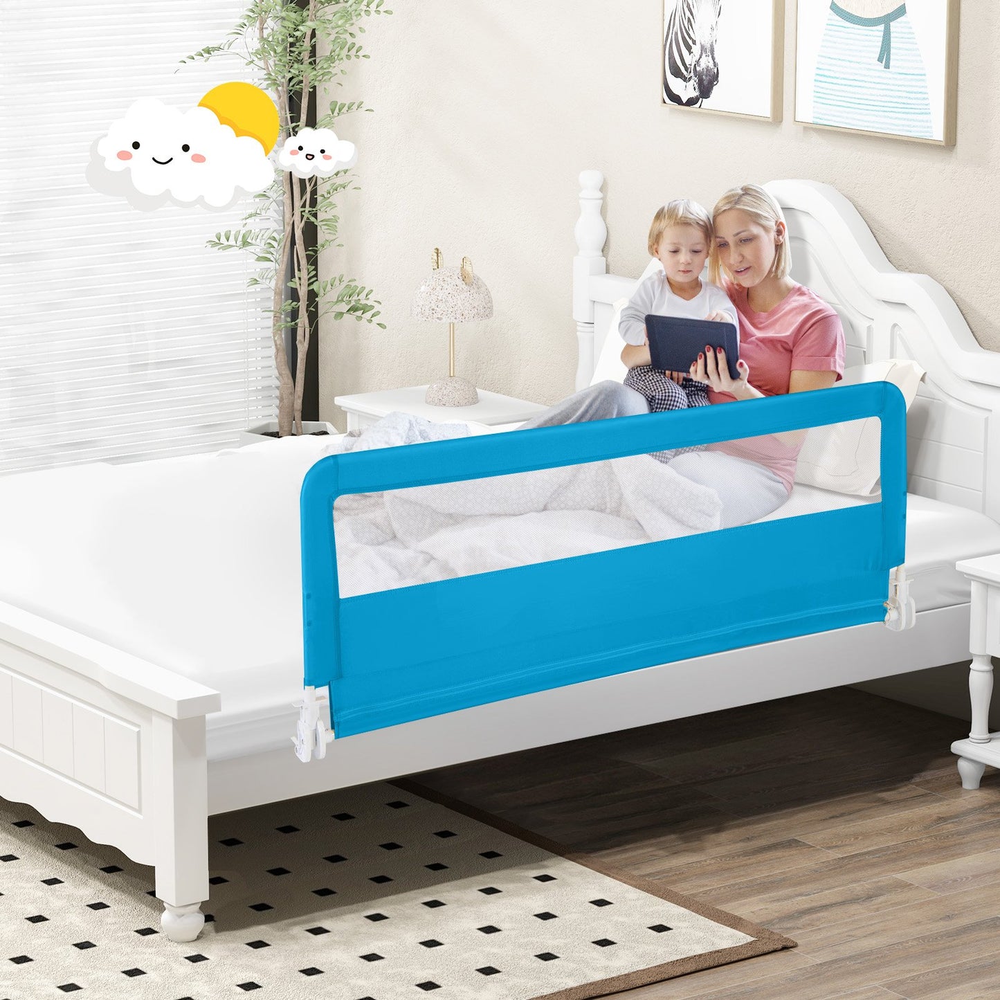 150CM Foldable Baby Bed Rail Guard with Washable Cover and Safety Strap-Beige
